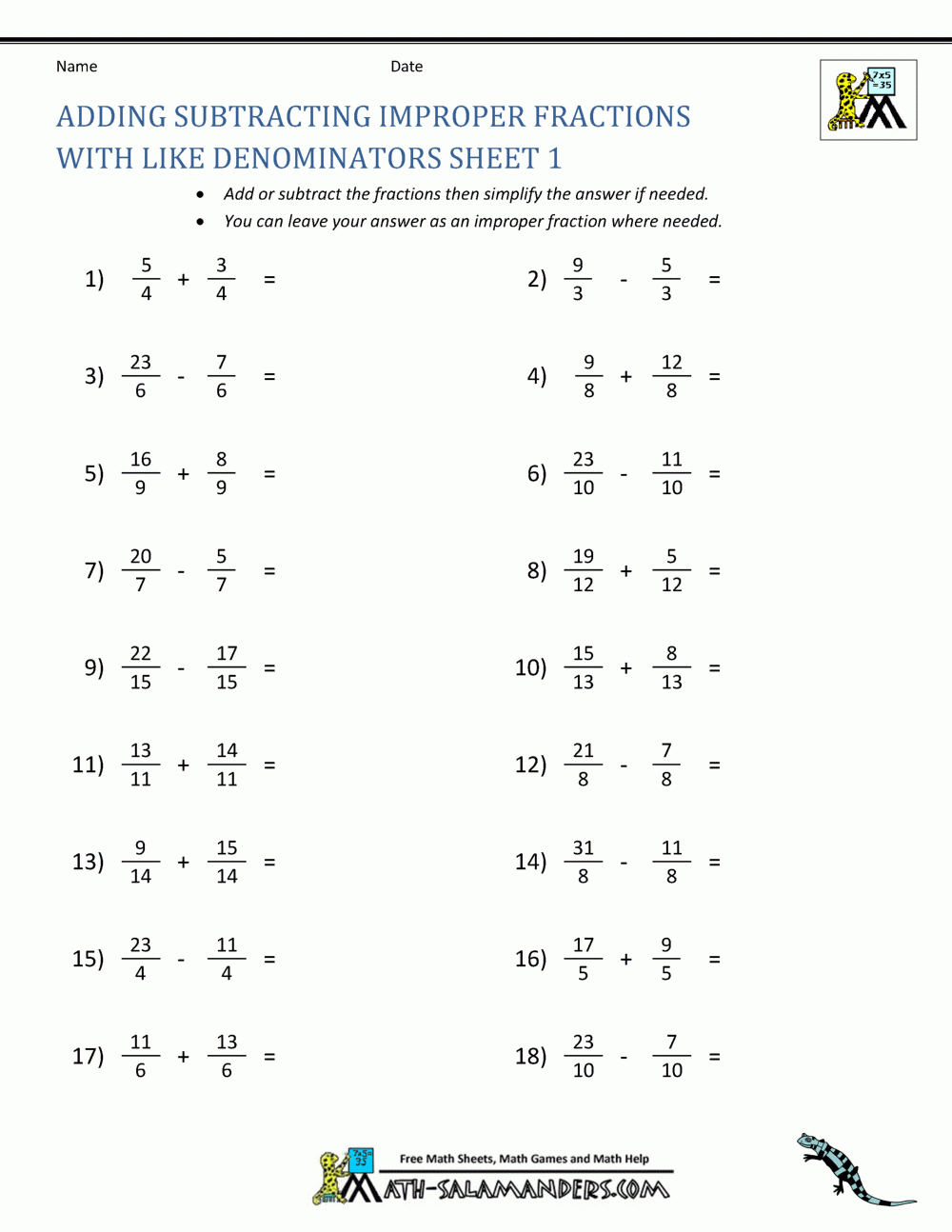 Adding Subtracting Fractions Worksheets