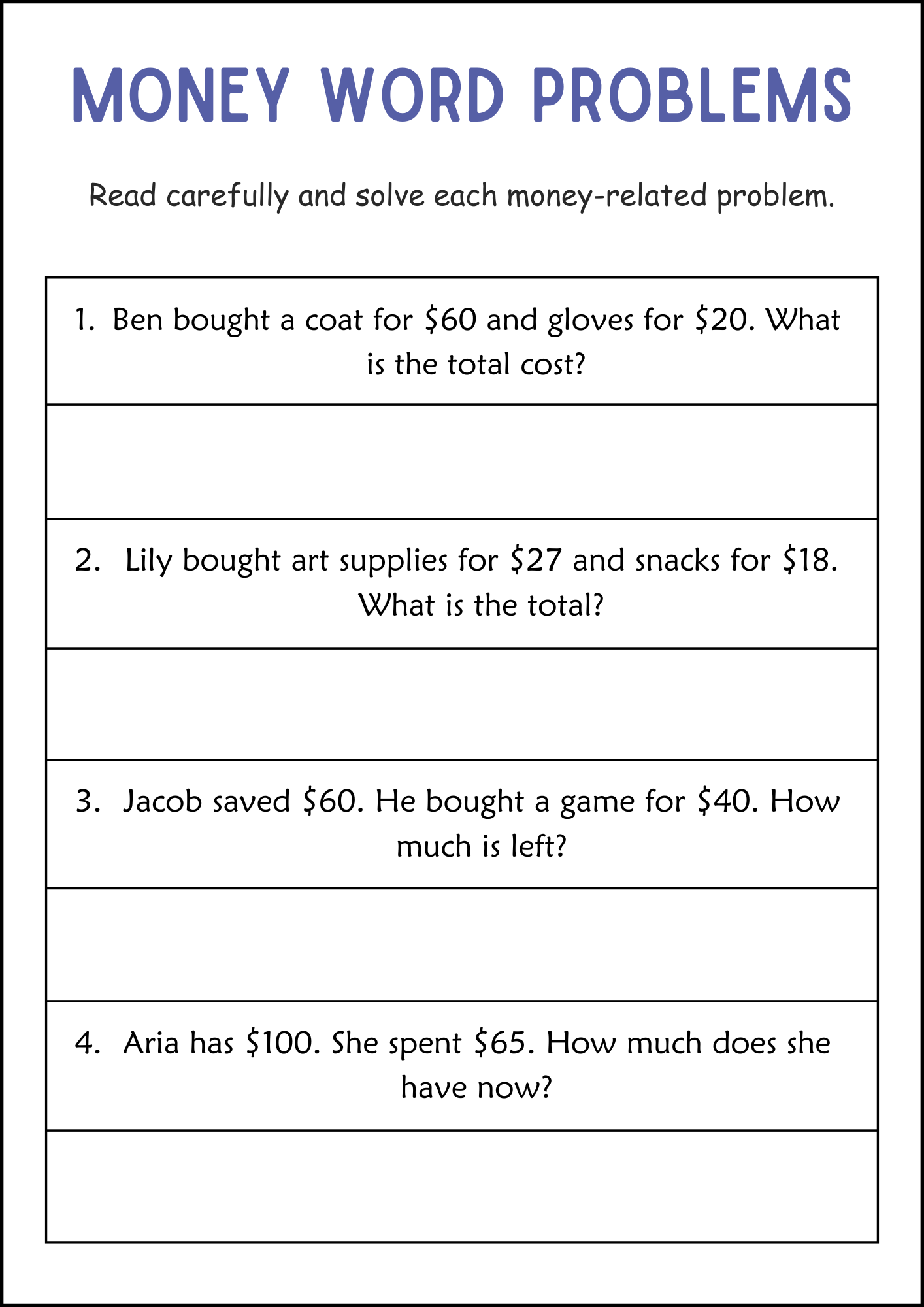 Addition And Subtraction Money Word Problems Math Worksheets For Grade 2 3 Made By Teachers