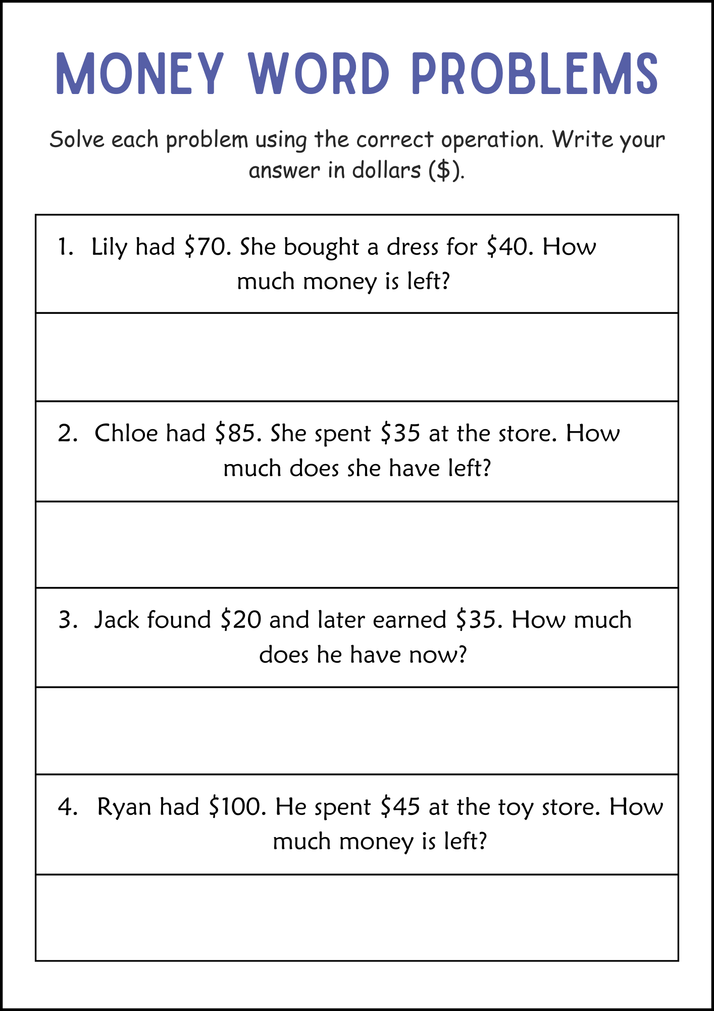 Addition And Subtraction Money Word Problems Math Worksheets For Grade 2 3 Made By Teachers