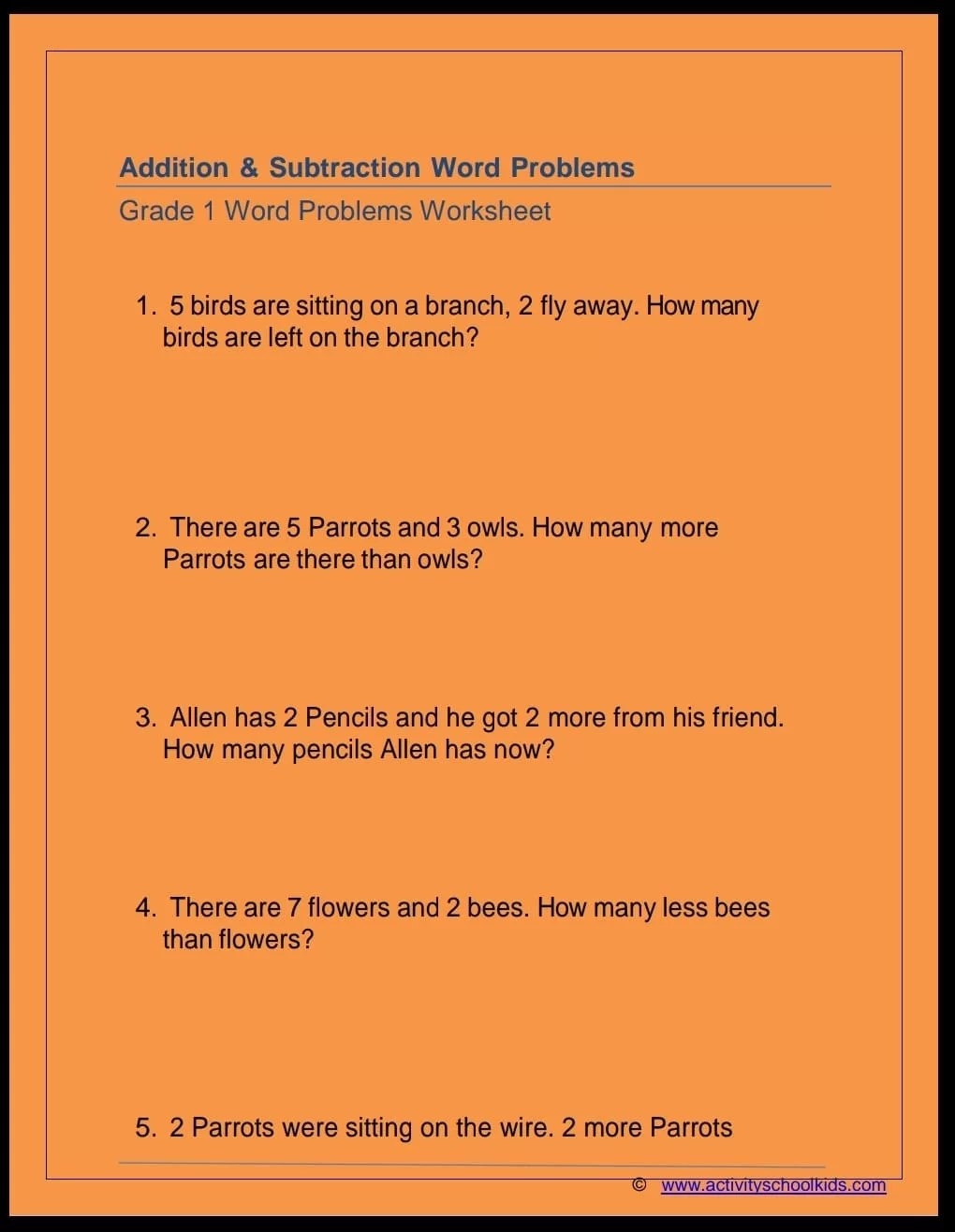 Addition And Subtraction Word Problems Activity School For Kids