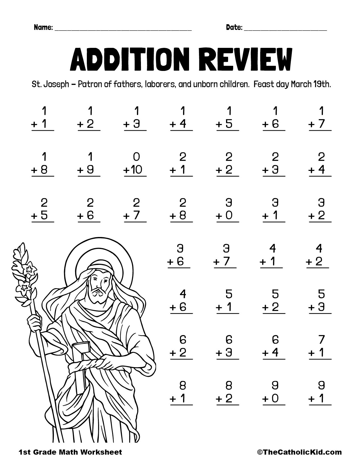 Addition Practice 1st Grade Math Worksheet Catholic TheCatholicKid