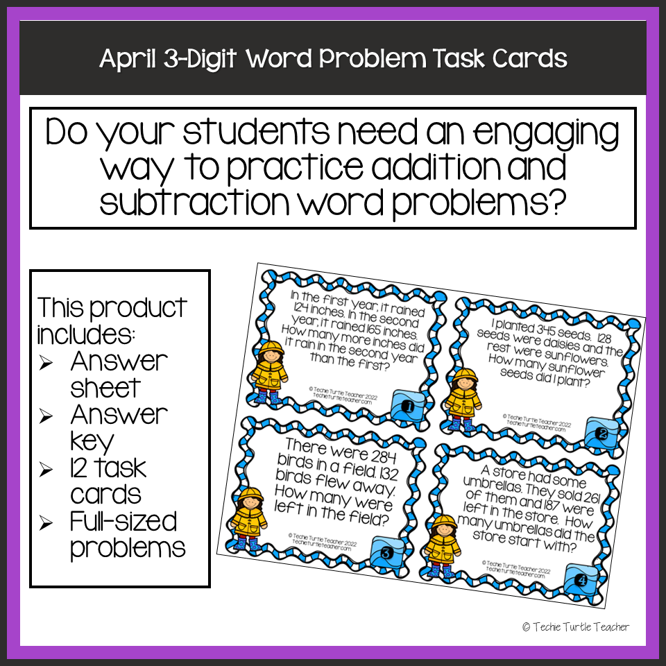 Addition Subtraction 3 Digit Spring Word Problem Task Cards April Made By Teachers Addition Subtraction 3 Digit Spring Word Problem Task Cards April Made By Teachers