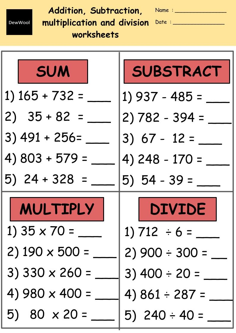 Addition Subtraction Multiplication Division Worksheets With Worksheets Library