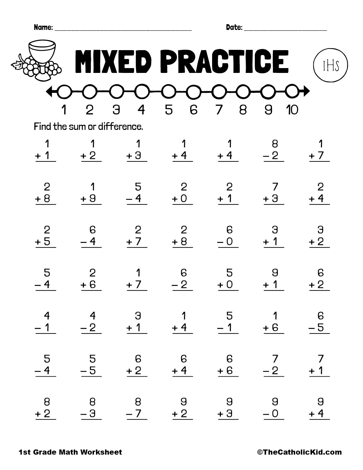 Addition Subtraction Practice 1st Grade Math Worksheet Catholic TheCatholicKid