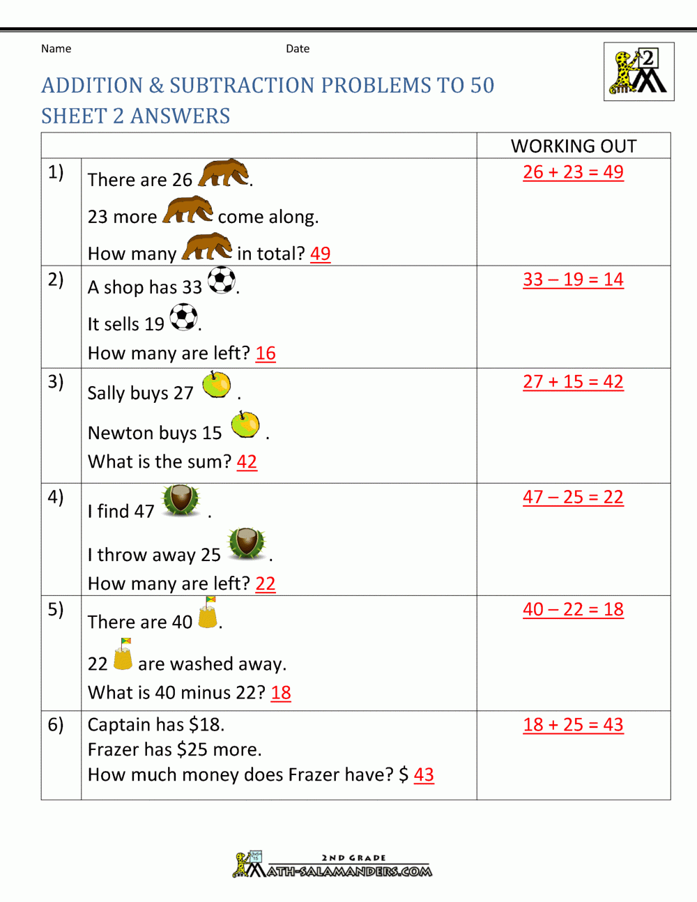 Addition Subtraction Word Problems 2nd Grade