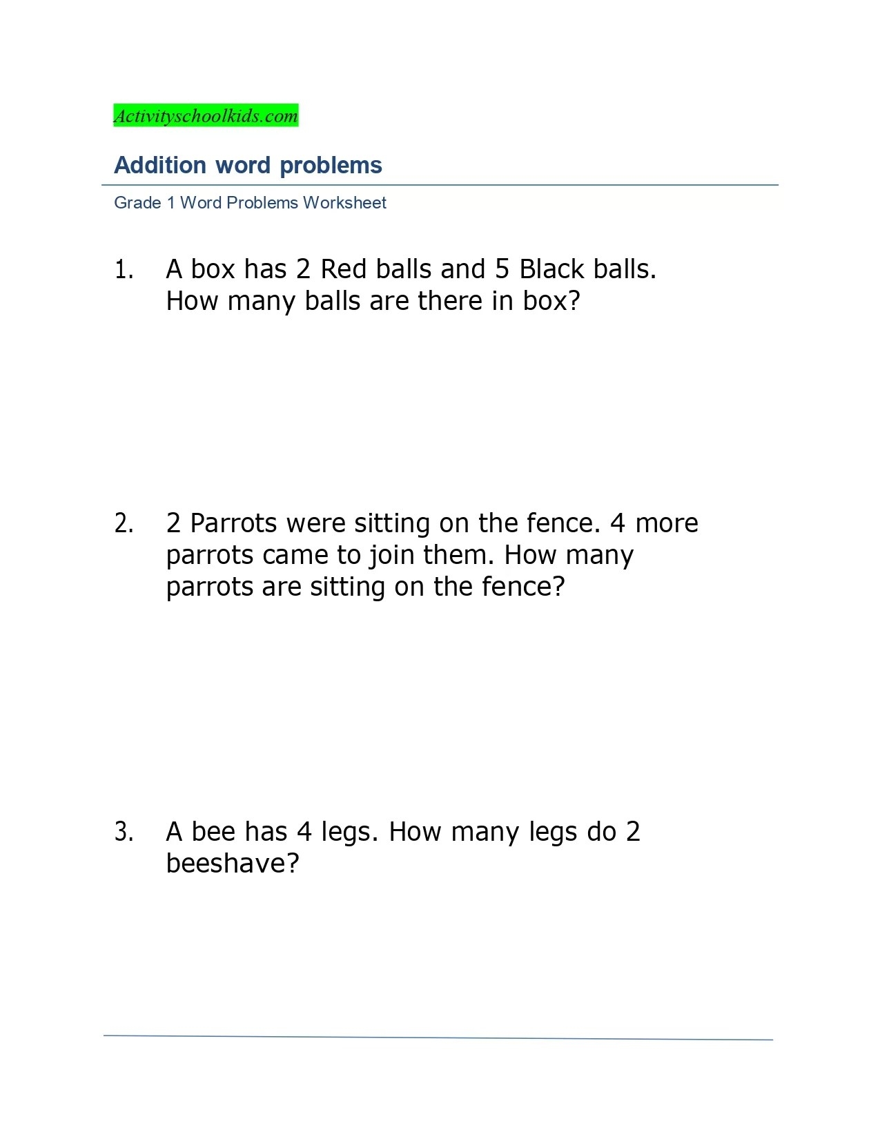 Addition Word Problems single Digits Activity School For Kids