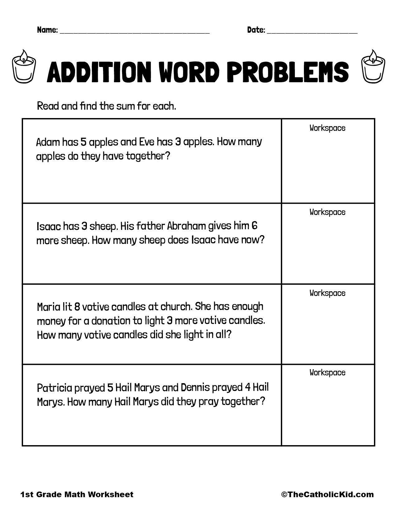 Addition Word Story Problems 1st Grade Math Worksheet Catholic Addition Word Story Problems 1st Grade Math Worksheet Catholic