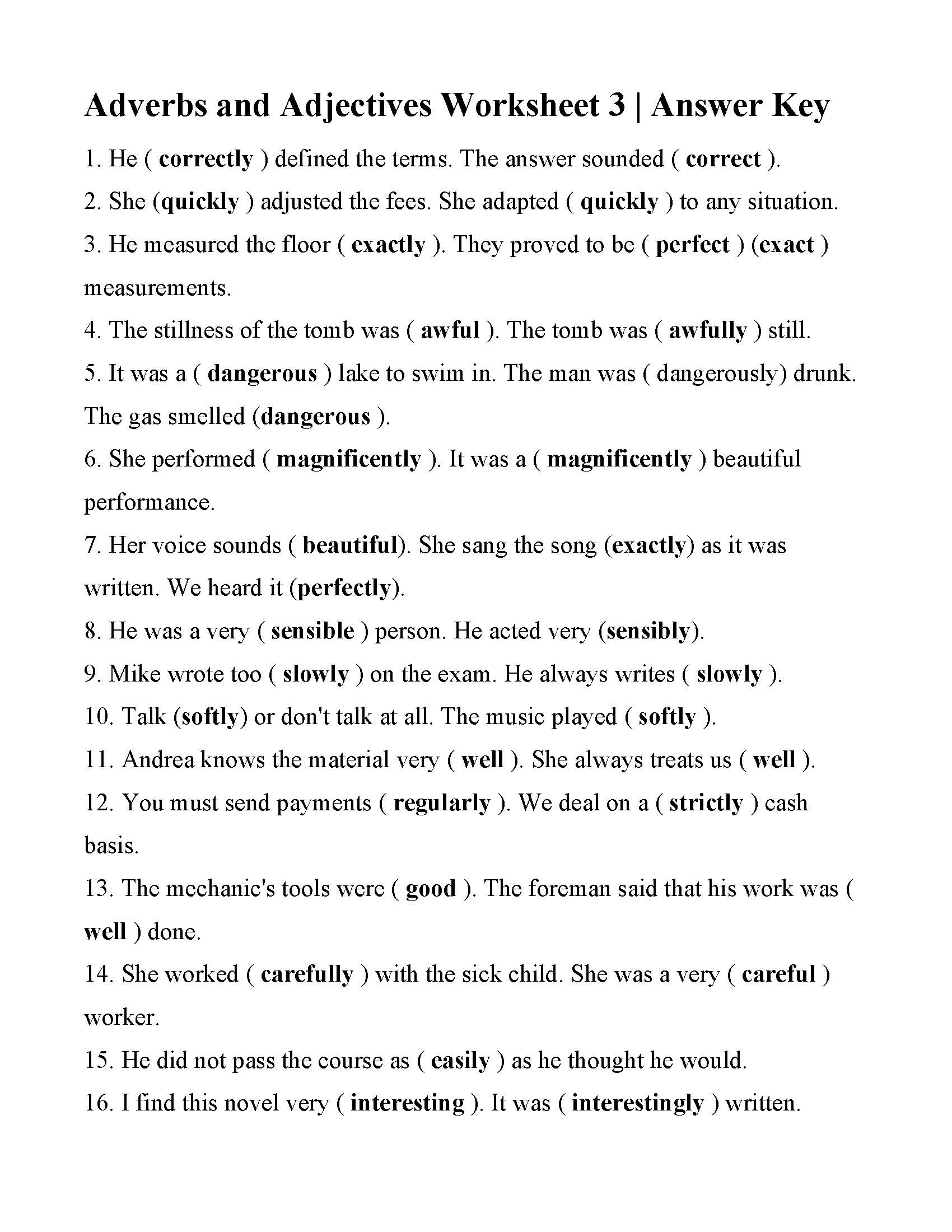 Adverbs And Adjectives Worksheet 3 Answers