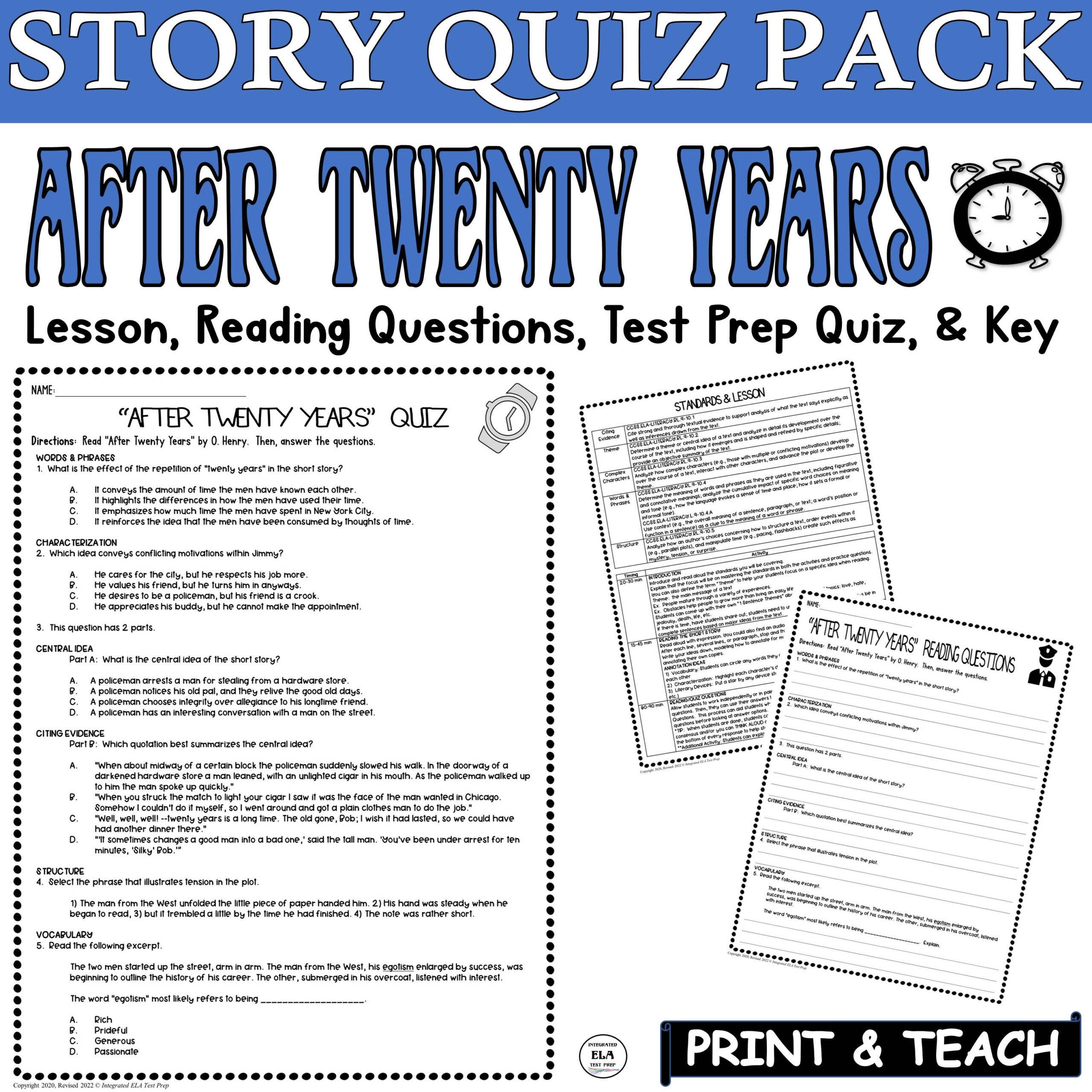 After Twenty Years Quiz Questions O Henry Reading Comprehension Short Story Made By Teachers