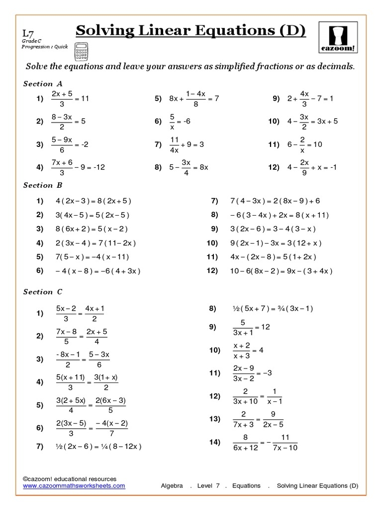 solving linear equations worksheet