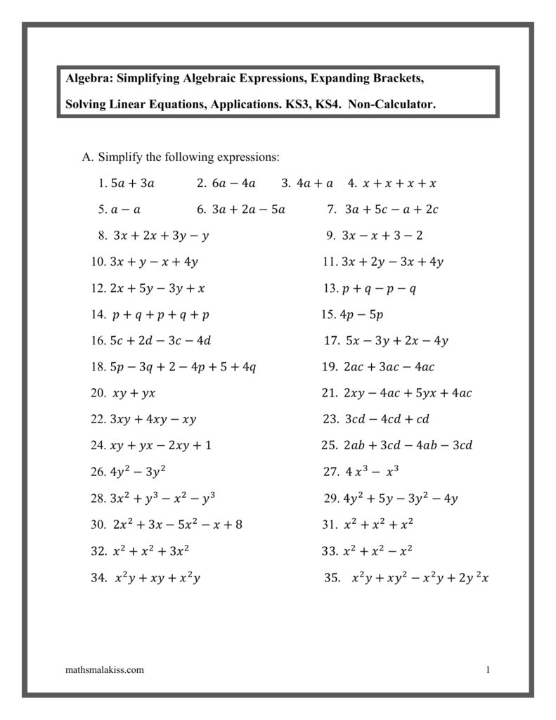Algebra Worksheet Simplify Expand Solve Equations