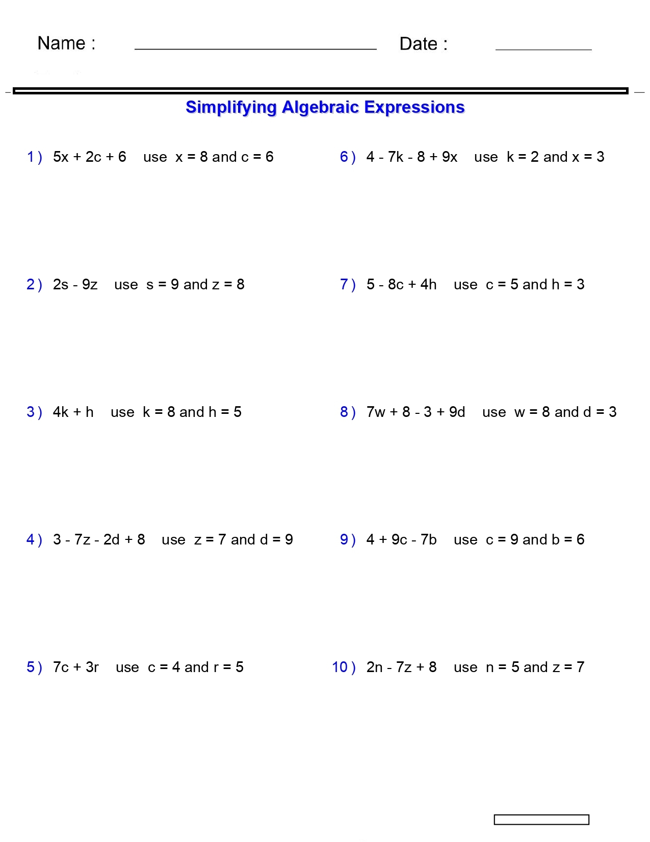 Algebraic Expressions Evaluating Two Variables Worksheets 2 3 4 Terms Made By Teachers