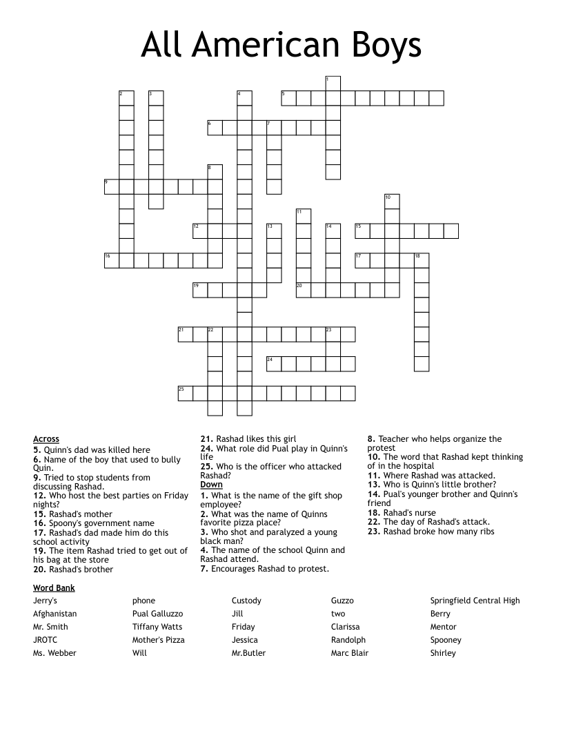 All American Boys Crossword WordMint