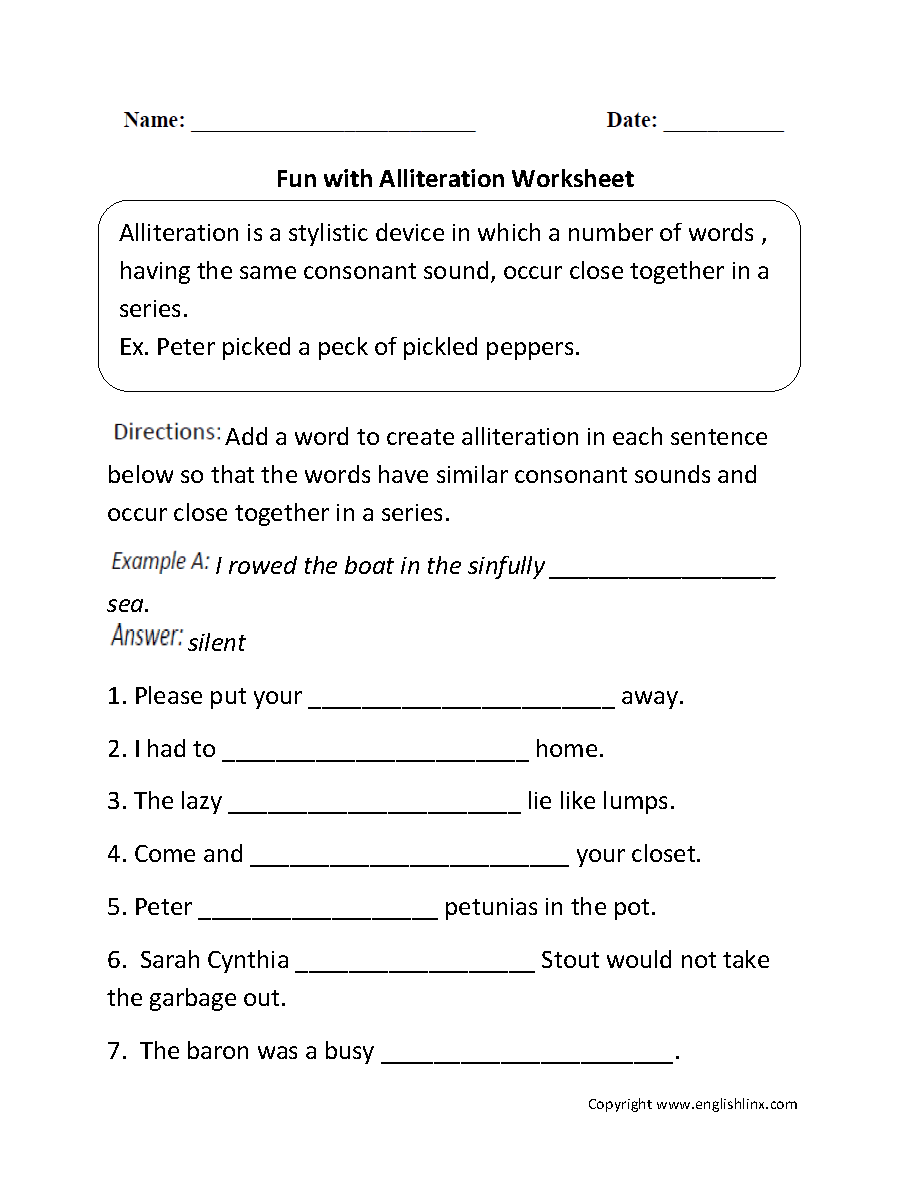 Alliteration Worksheets Fun With Alliteration Worksheet