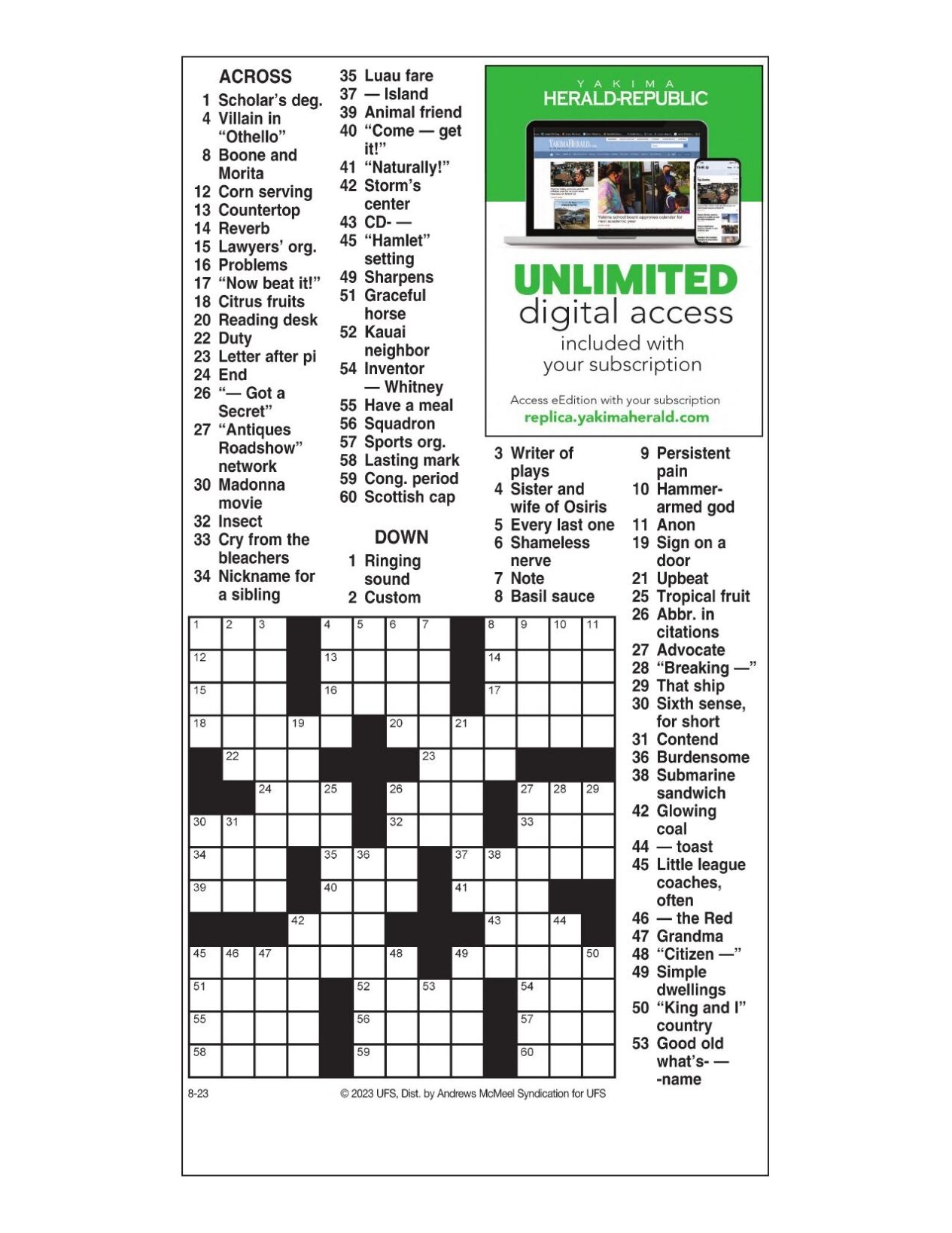 AM Crossword Aug 23 2023 Crosswords Yakimaherald