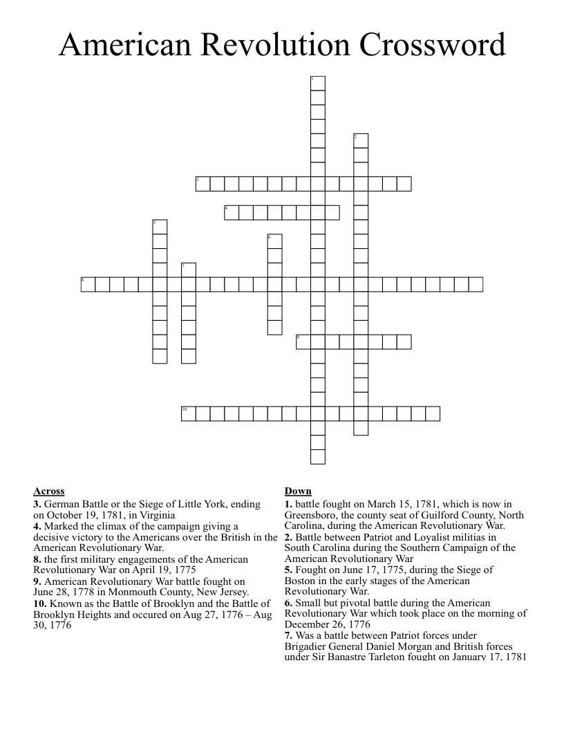 American Revolution Crossword WordMint