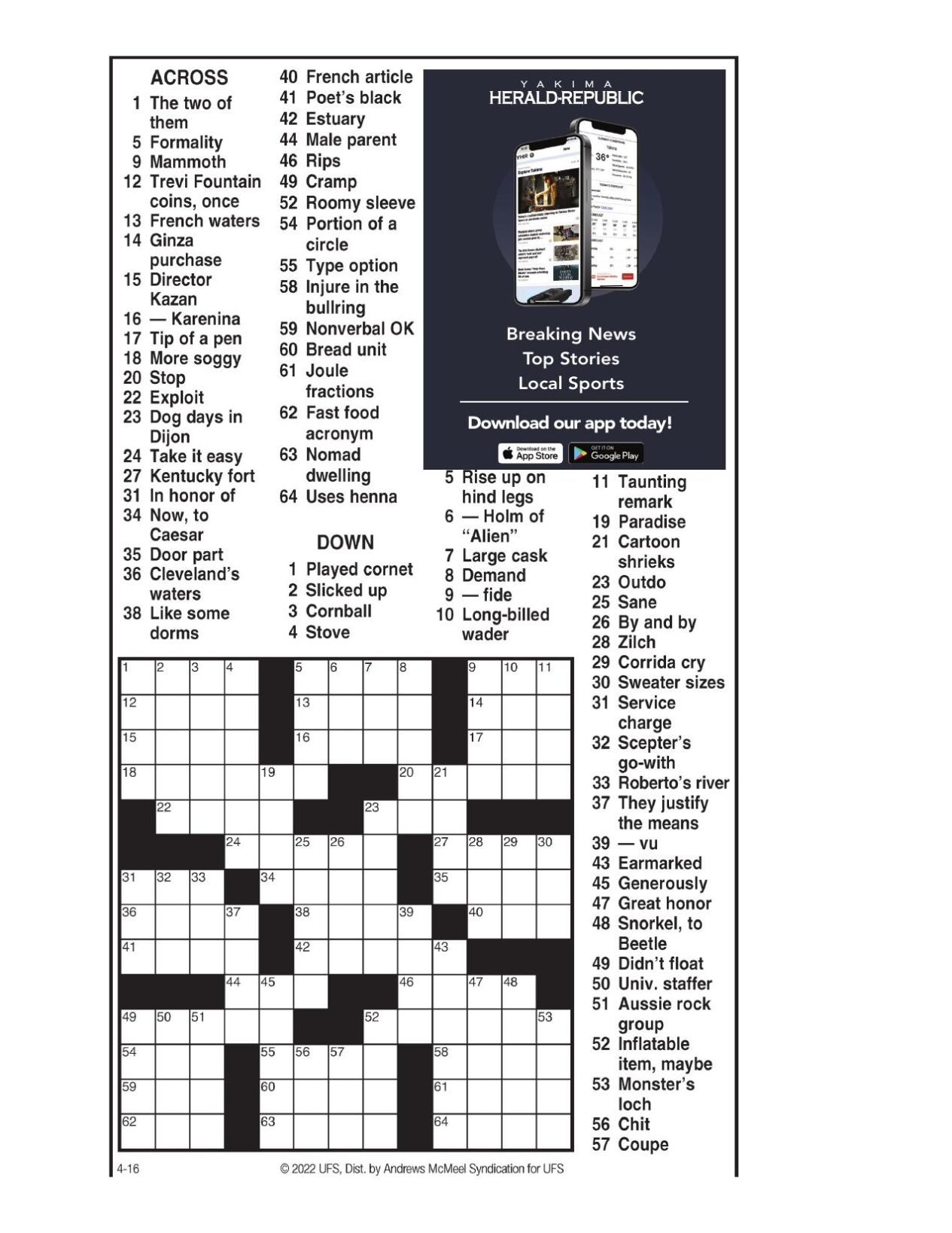 Andrews McMeel Crossword April 16 2022 Crosswords Yakimaherald