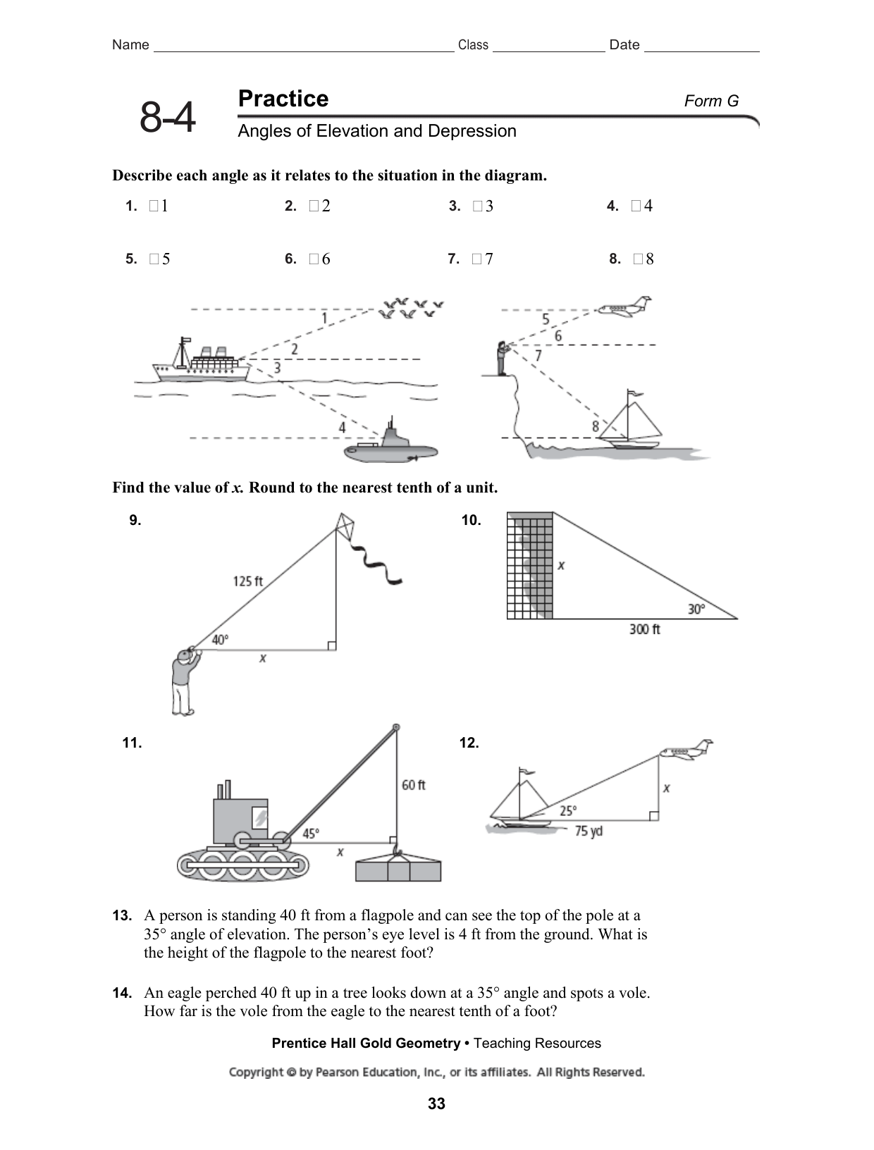 Angles Of Elevation Depression Geometry Worksheet