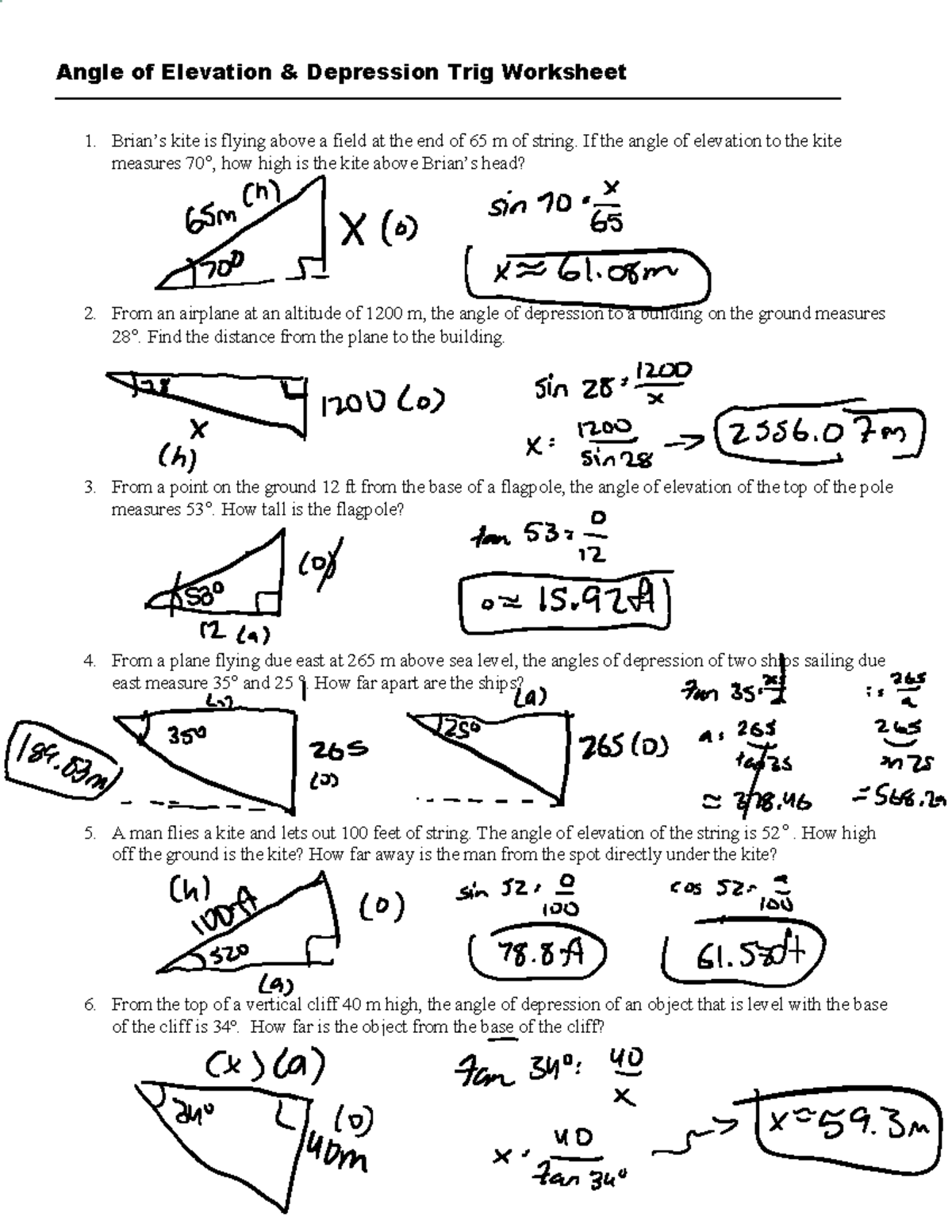 Angles Of Elevation Depression Trig Practice Worksheet Studocu