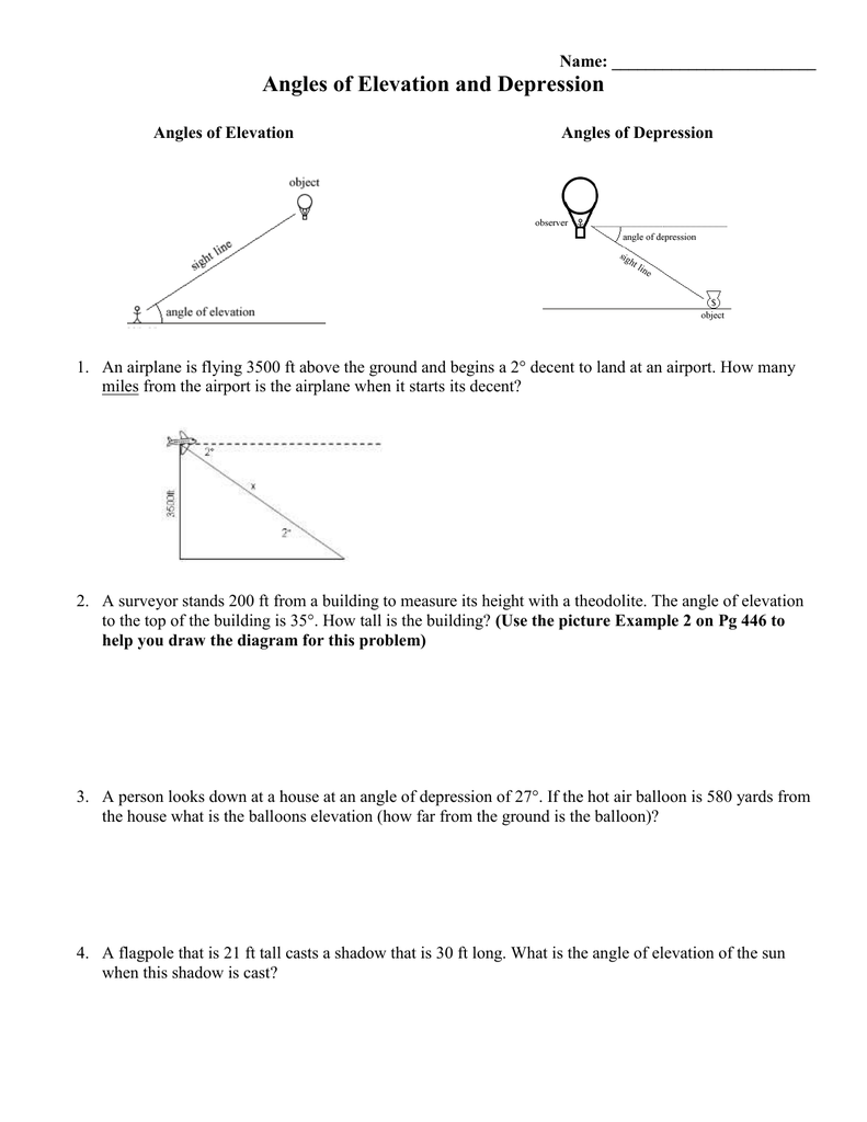 Angles Of Elevation Depression Worksheet Angles Of Elevation Depression Worksheet