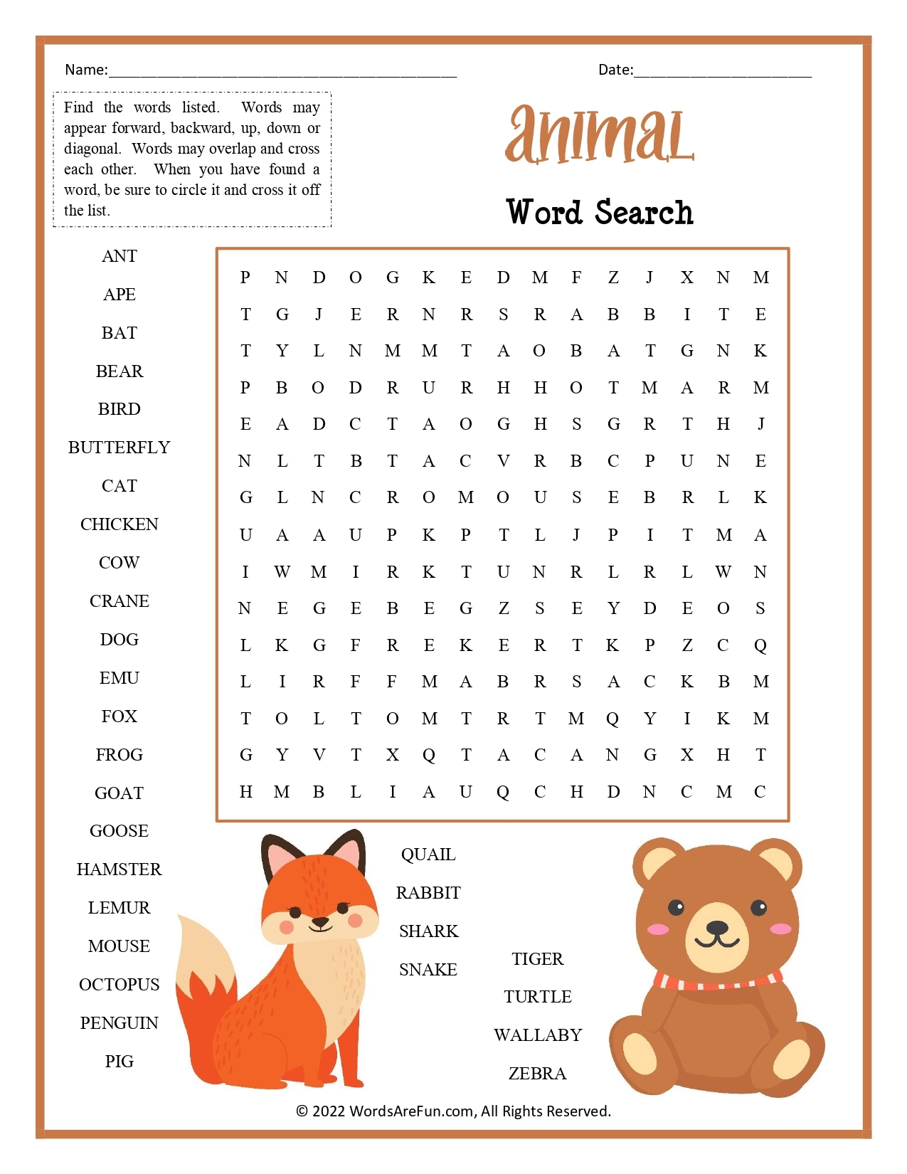 Animal Word Search Puzzles