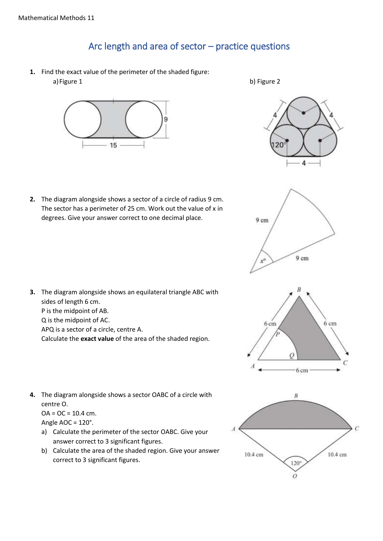 arc length area of sector worksheet