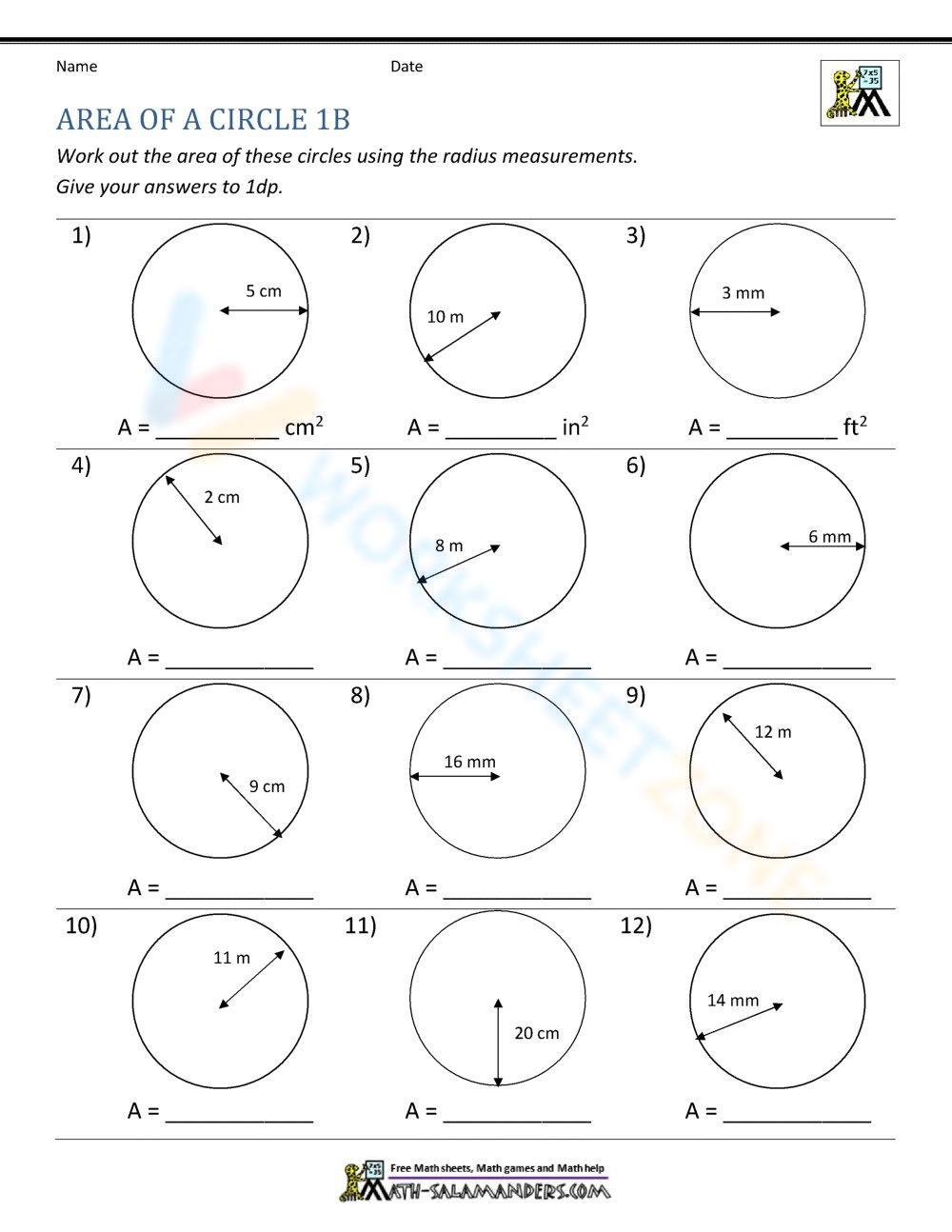 circumference and area of a circle worksheet