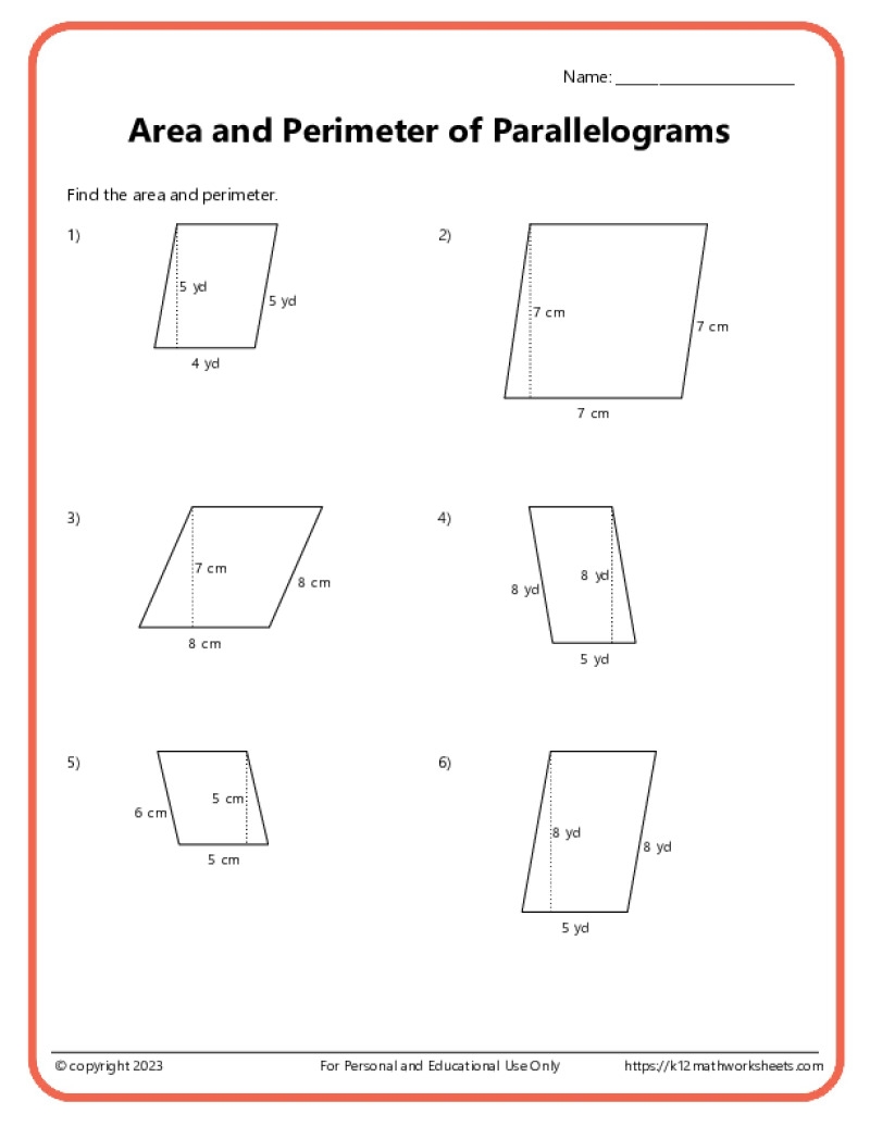 Area And Perimeter Of Parallelograms K12 Math Worksheets