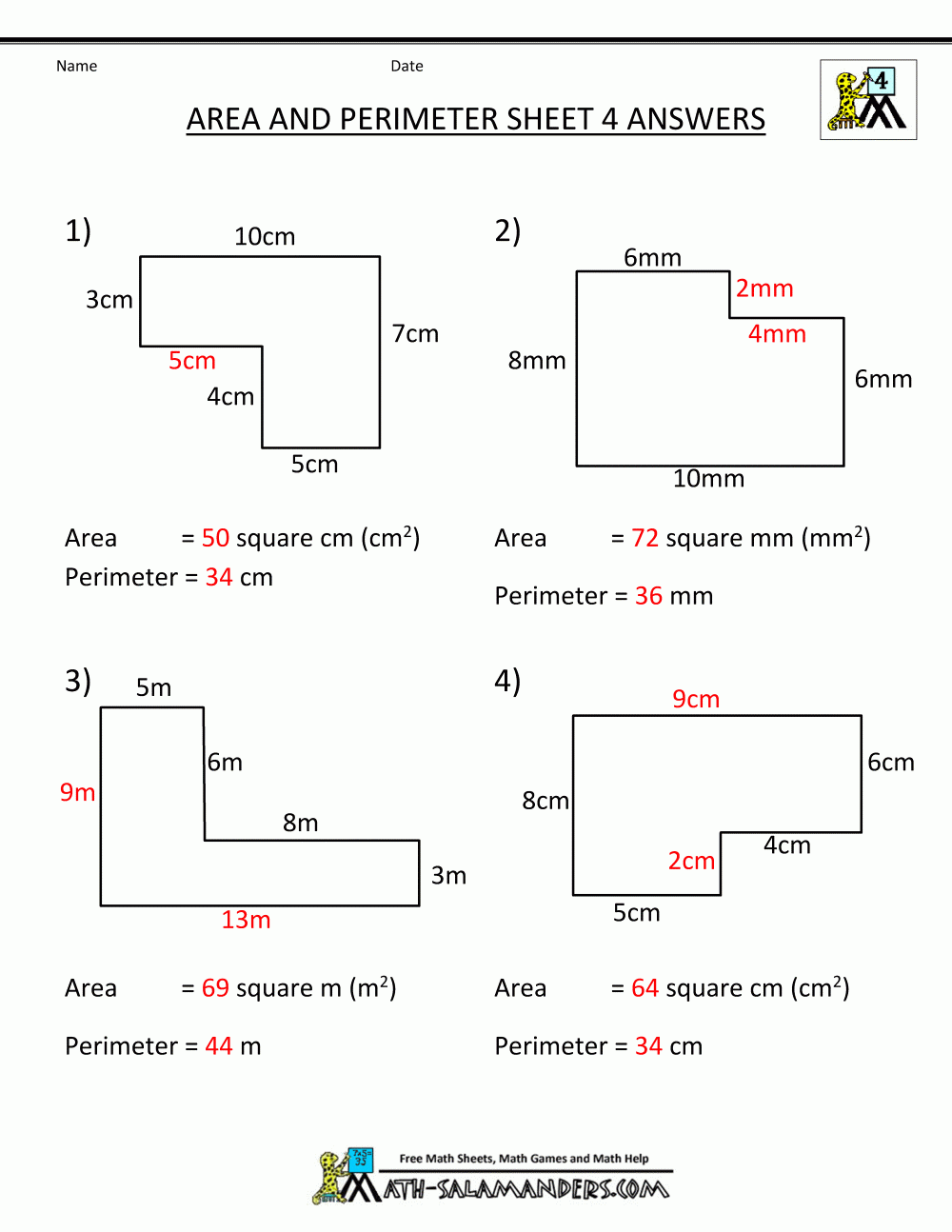 Area And Perimeter Sheet 4 Answers