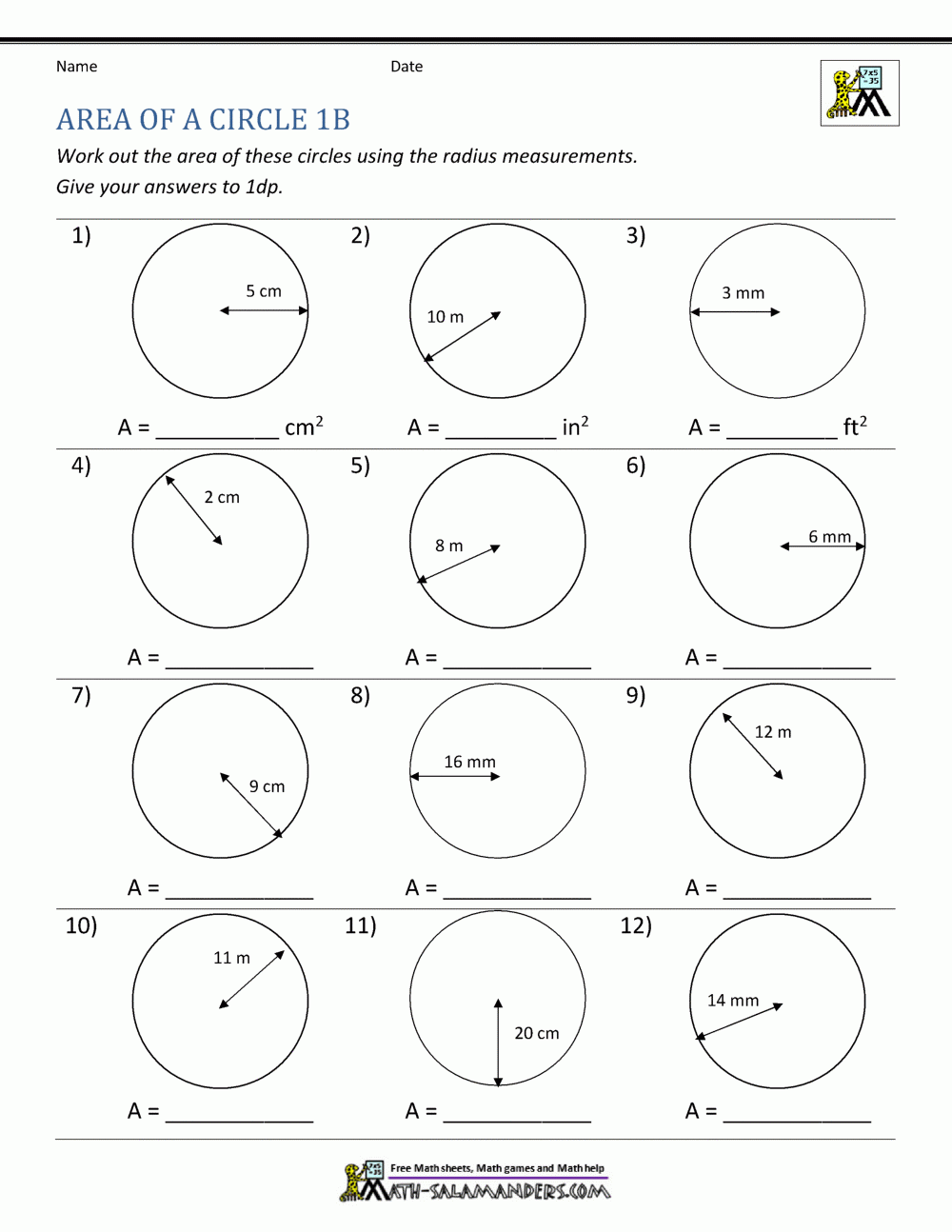 Area Of A Circle Worksheets
