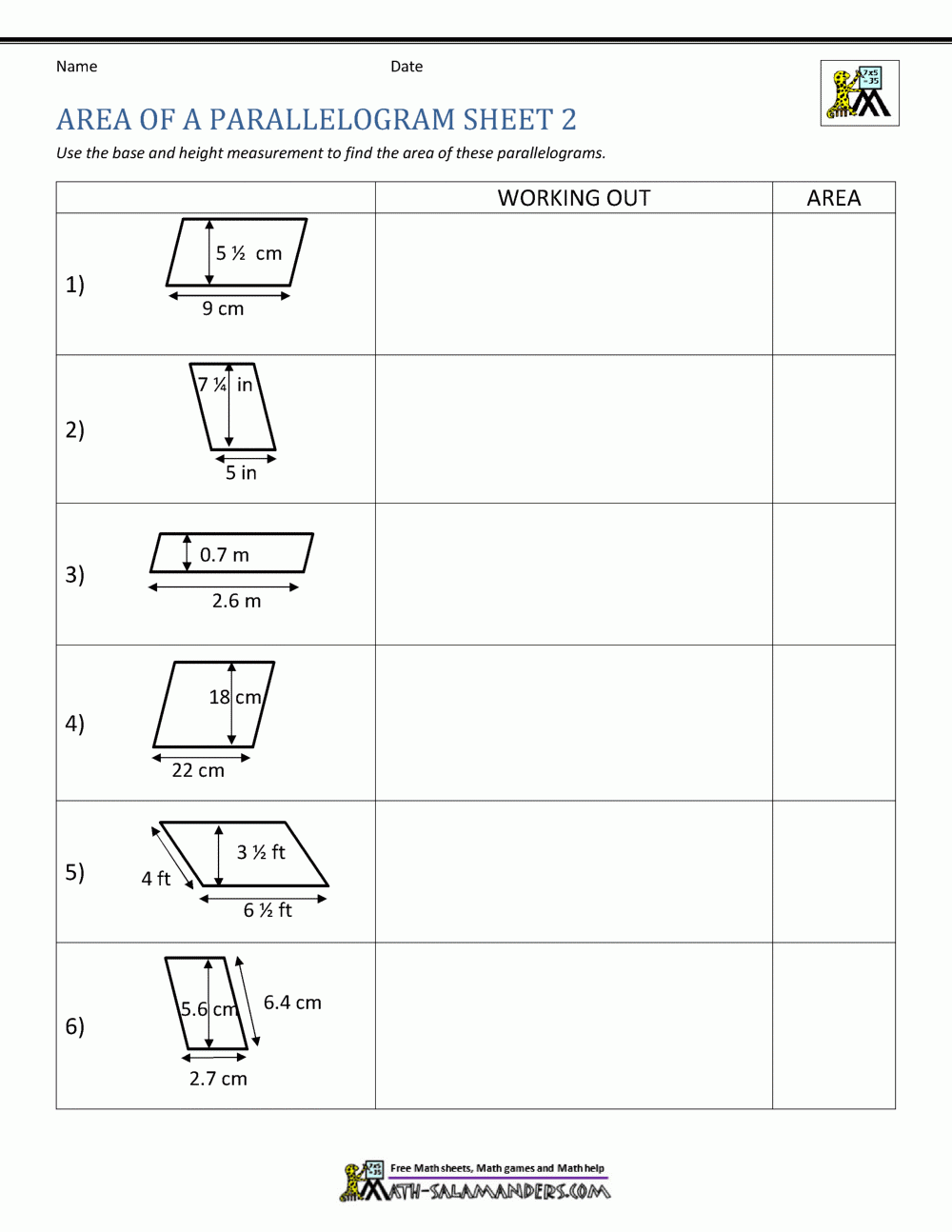 Area Of Parallelogram Worksheet