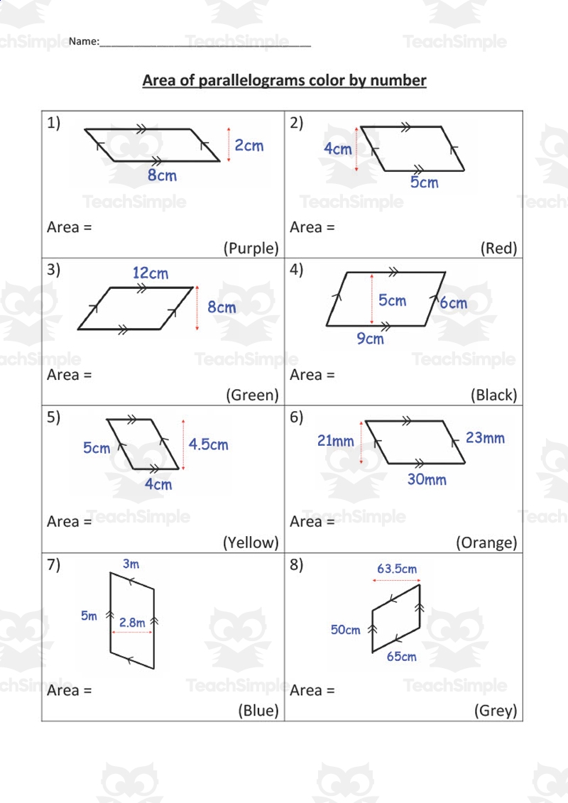 Area Of Parallelograms Color By Number Activity US By Teach Simple