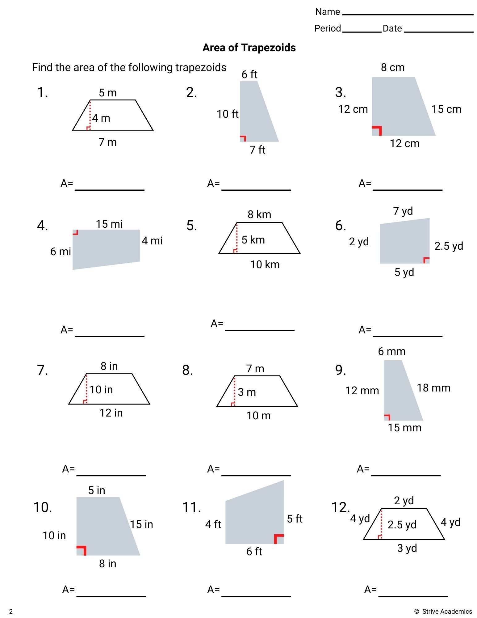 worksheet area of trapezoid