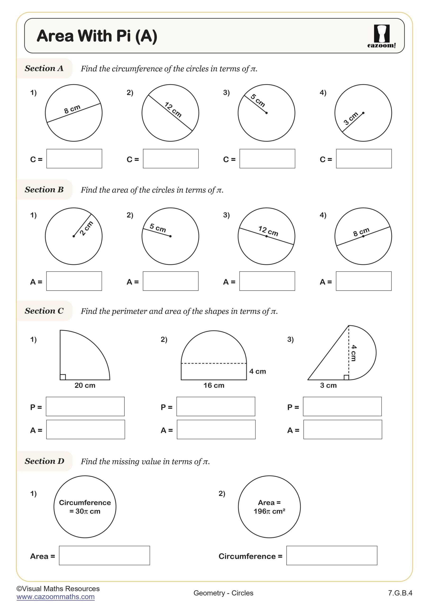 Area With Pi A Worksheet Fun And Engaging 7th Grade And Geometry And IM 2 Geometry Worksheet Cazoom Math