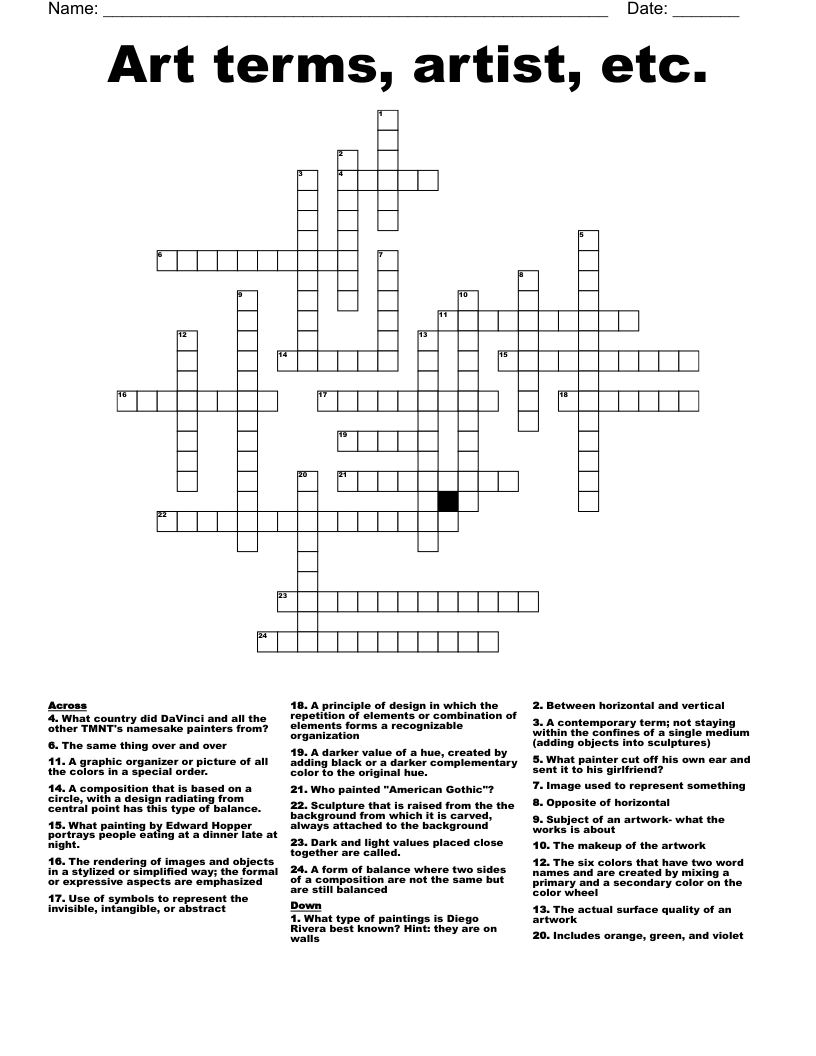 Art Terms Artist Etc Crossword WordMint