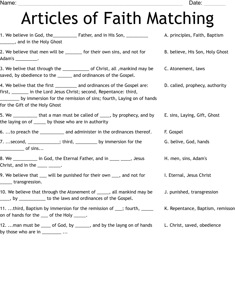 Articles Of Faith Matching Worksheet WordMint