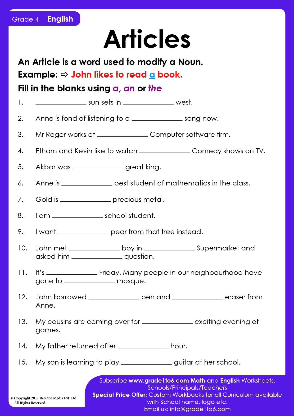 Articles Worksheet For Class 4 Grade1to6