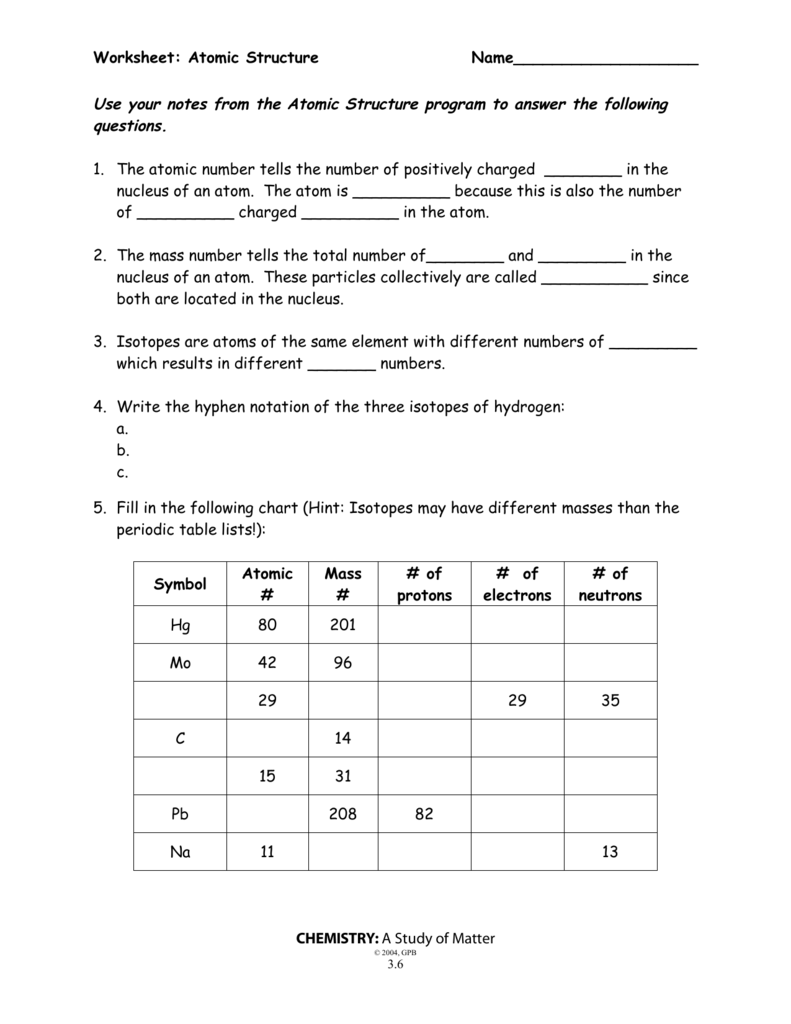 Atomic Structure Worksheet Protons Neutrons Isotopes