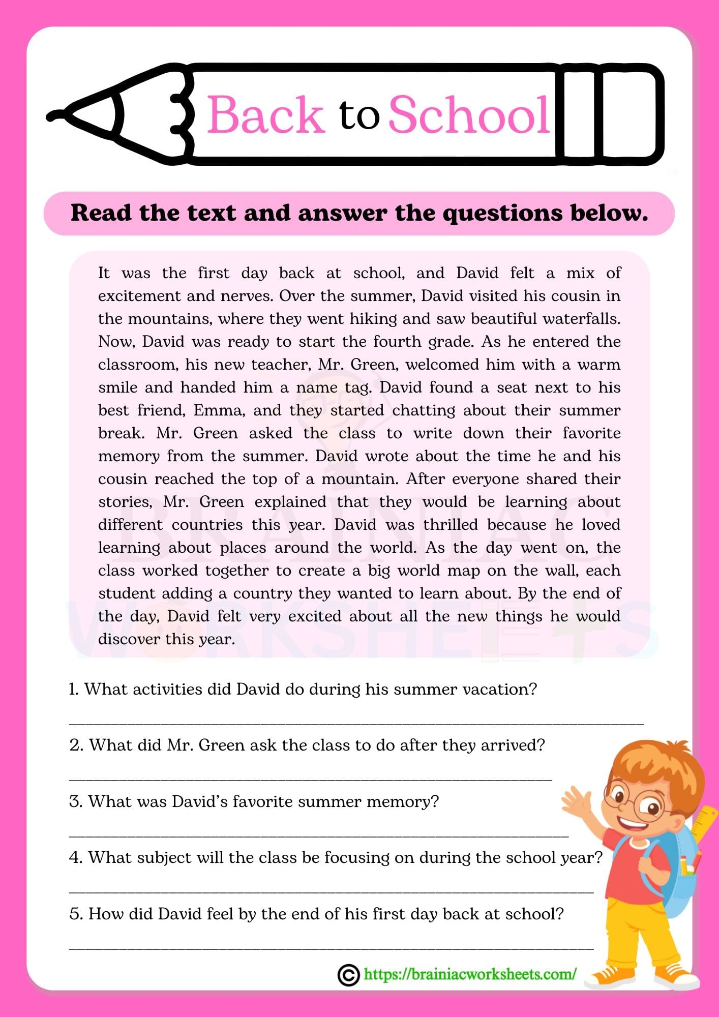 Back To School Reading Comprehension English Worksheet For Class 5 Brainiac Worksheets