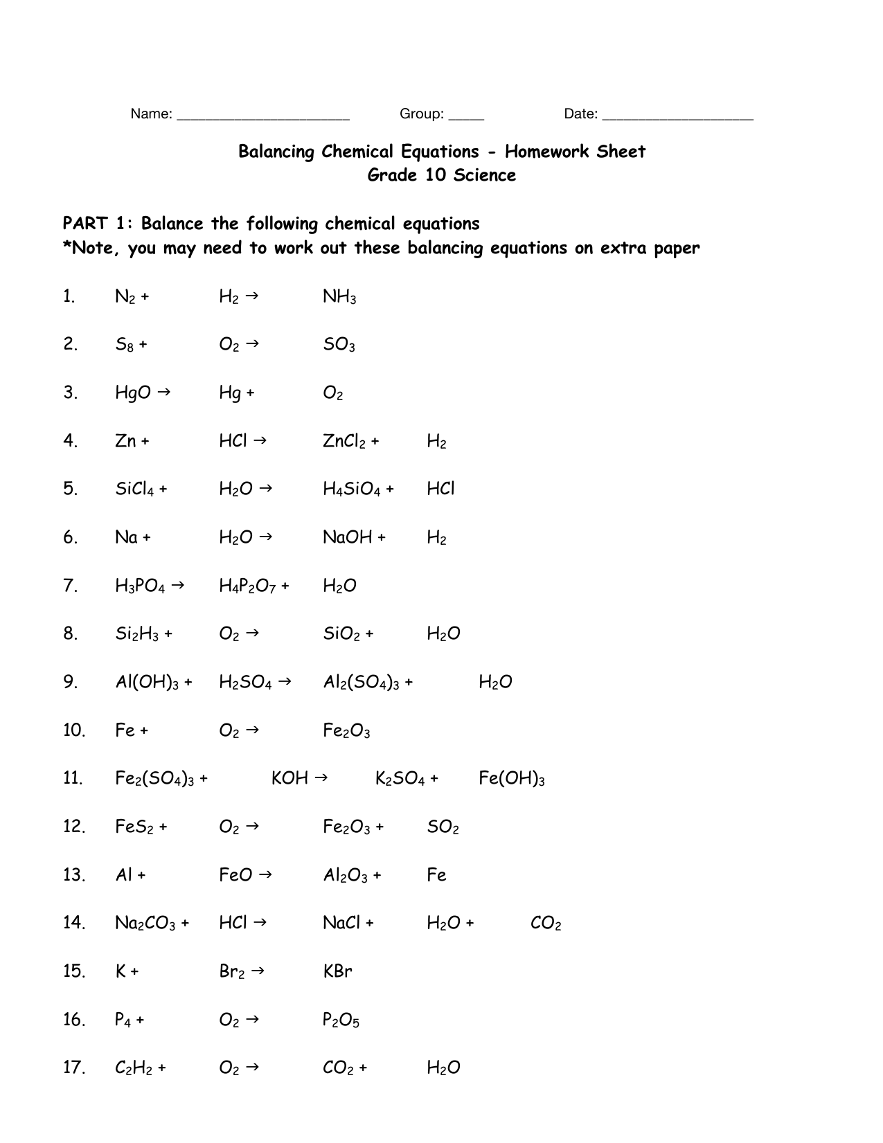 Balancing Chemical Equations Homework Grade 10 Science Balancing Chemical Equations Homework Grade 10 Science