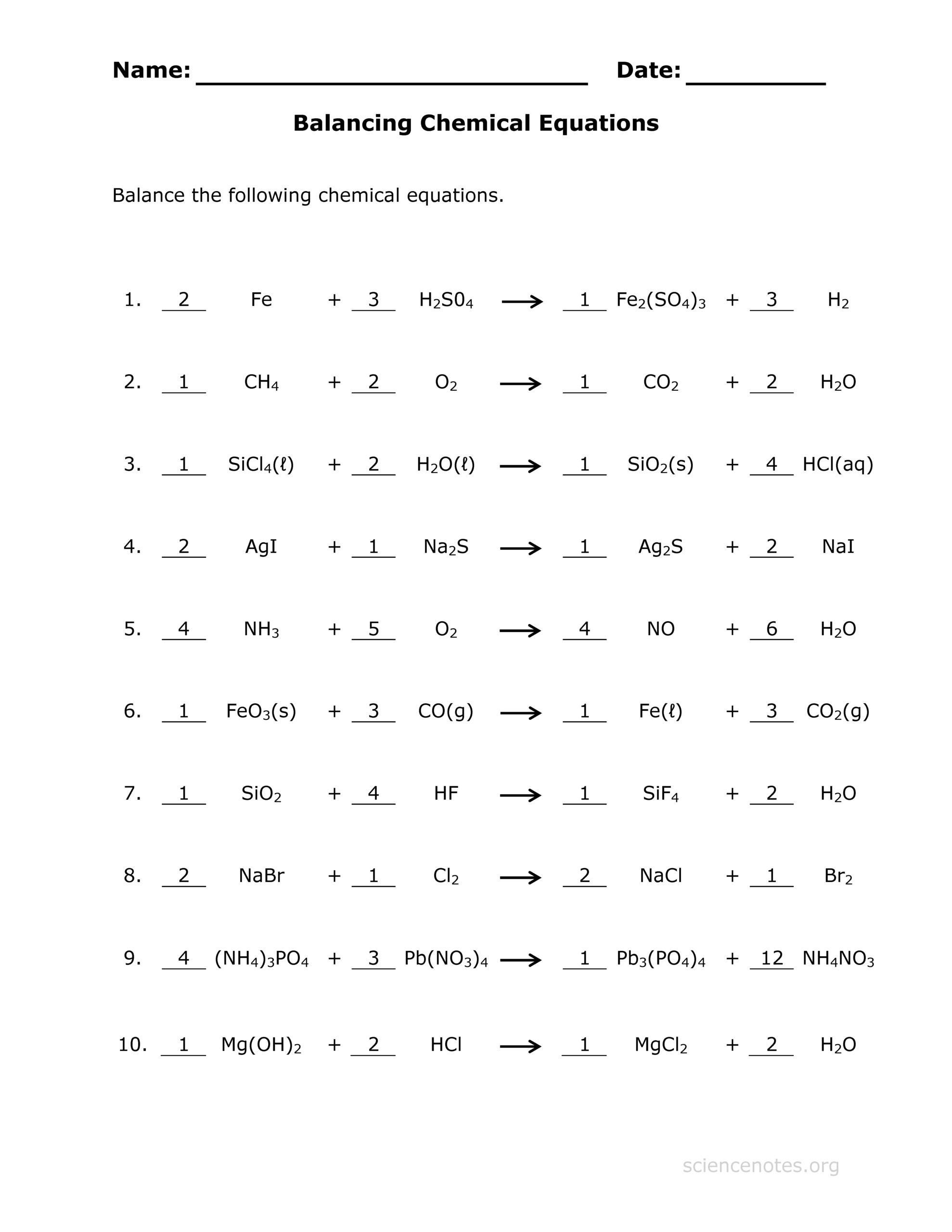 Balancing Chemical Equations Worksheet Balancing Chemical Equations Worksheet