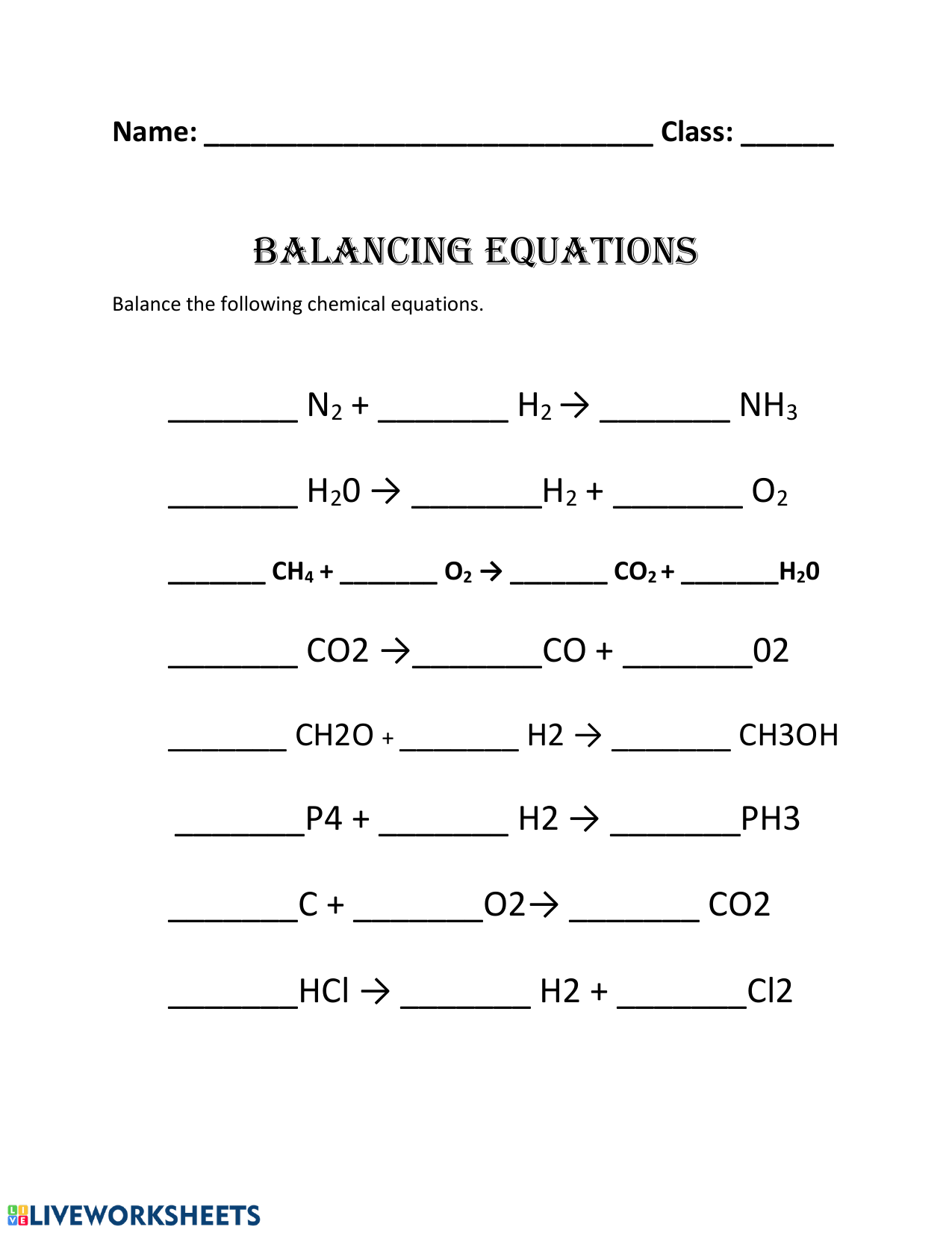 Balancing Chemical Equations Worksheet