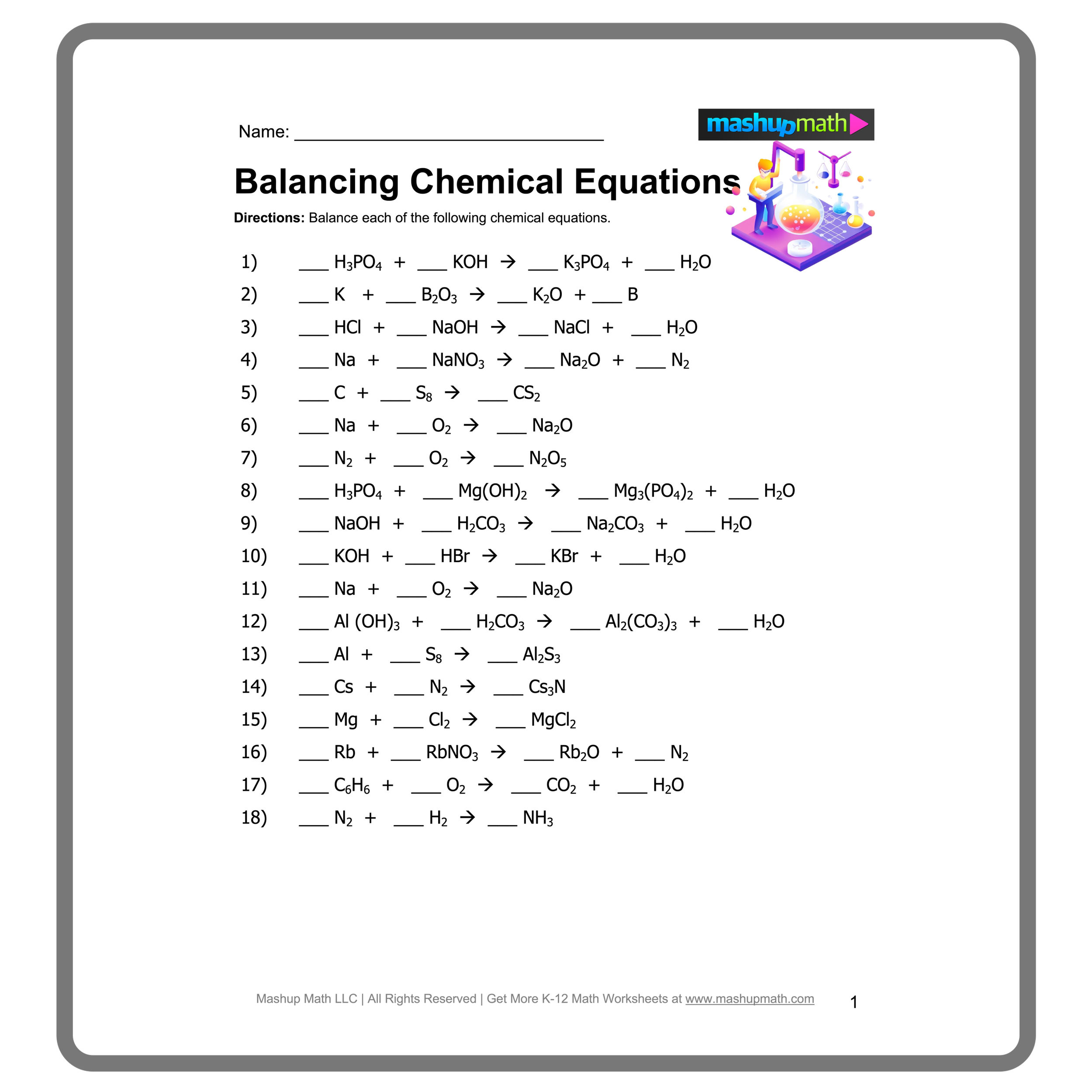 Balancing Chemical Equations Worksheets with Answers Mashup Math