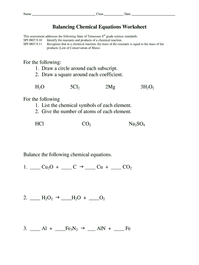 balancing equations chemistry worksheet