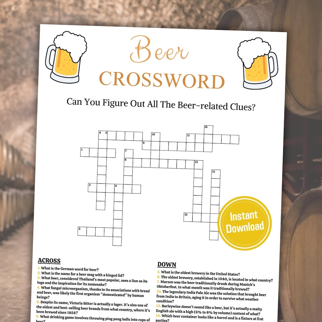Beer Crossword Game Printable Beer Party Crossword Puzzle Beer Party Trivia Game Word Game With Answers Instant Download PDF Etsy