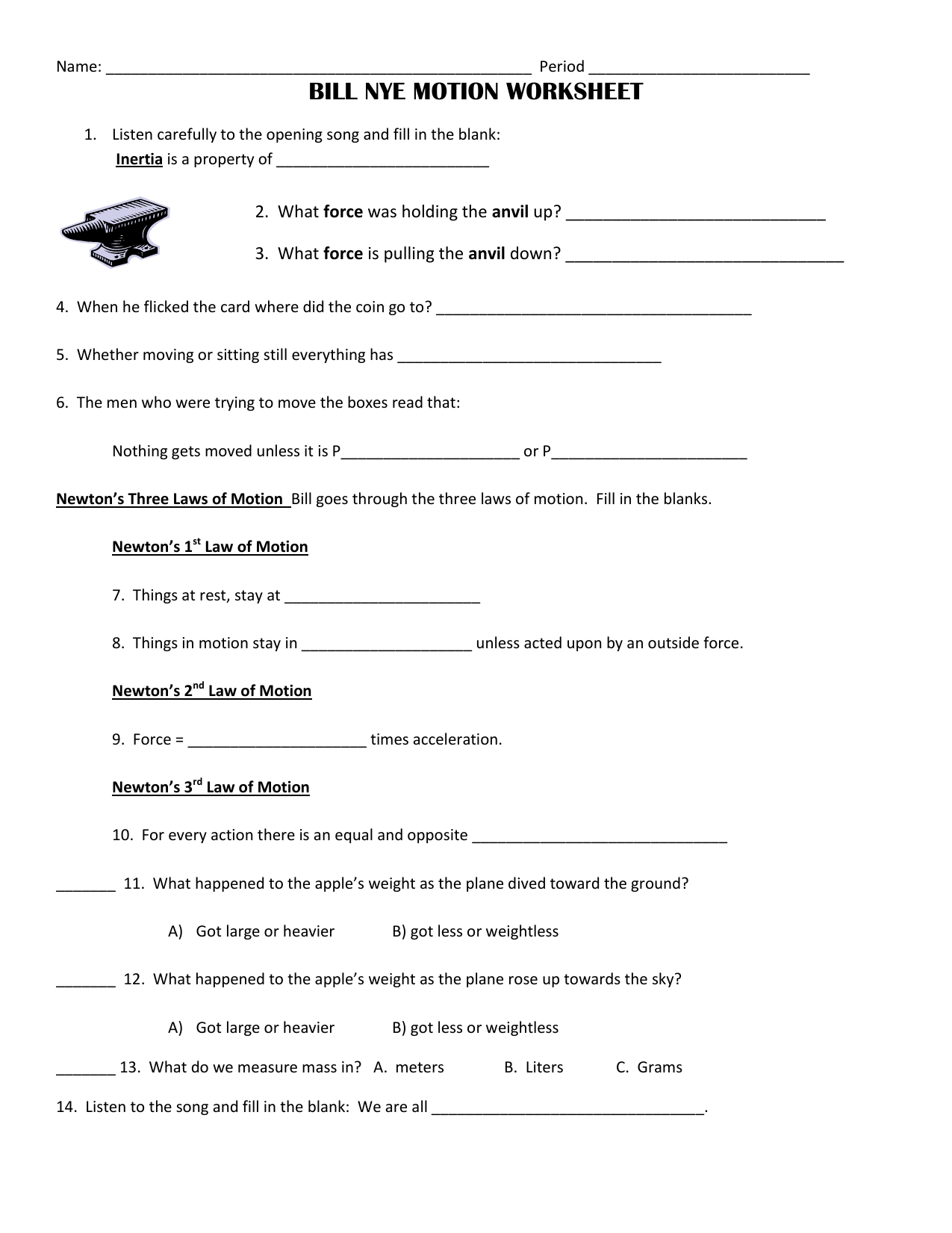 Bill Nye Motion Worksheet Newton s Laws