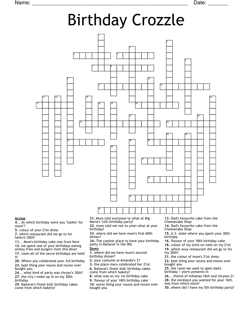 Birthday Crozzle Crossword WordMint