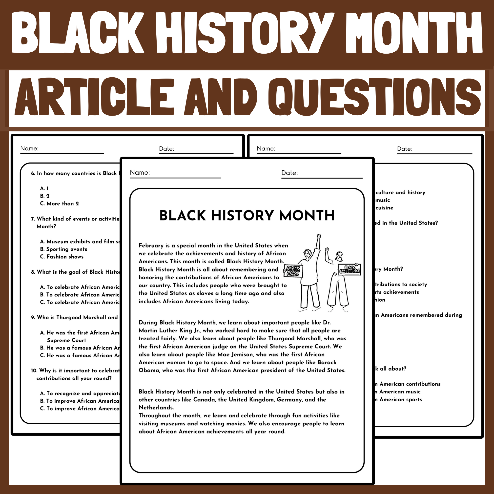 Black History Month Activities Article And Reading Comprehension Questions Made By Teachers