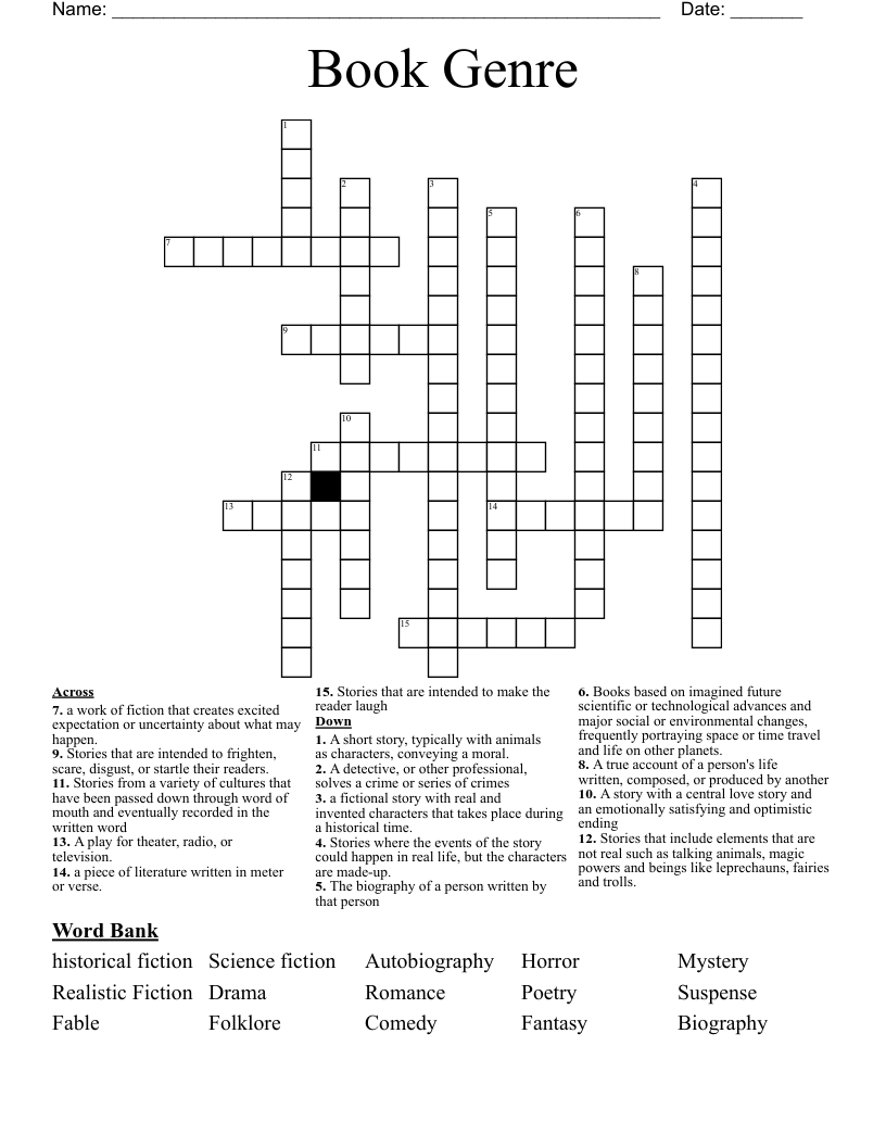 Book Genre Crossword WordMint
