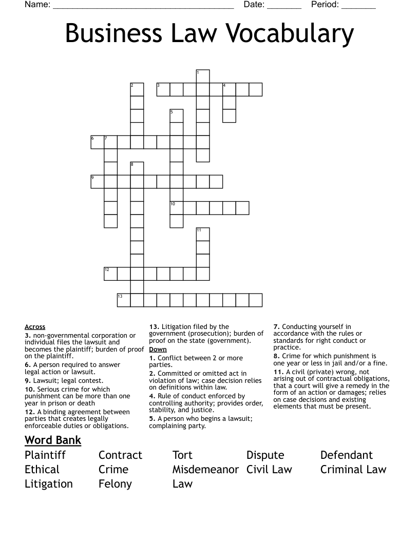 Business Law Vocabulary Crossword WordMint